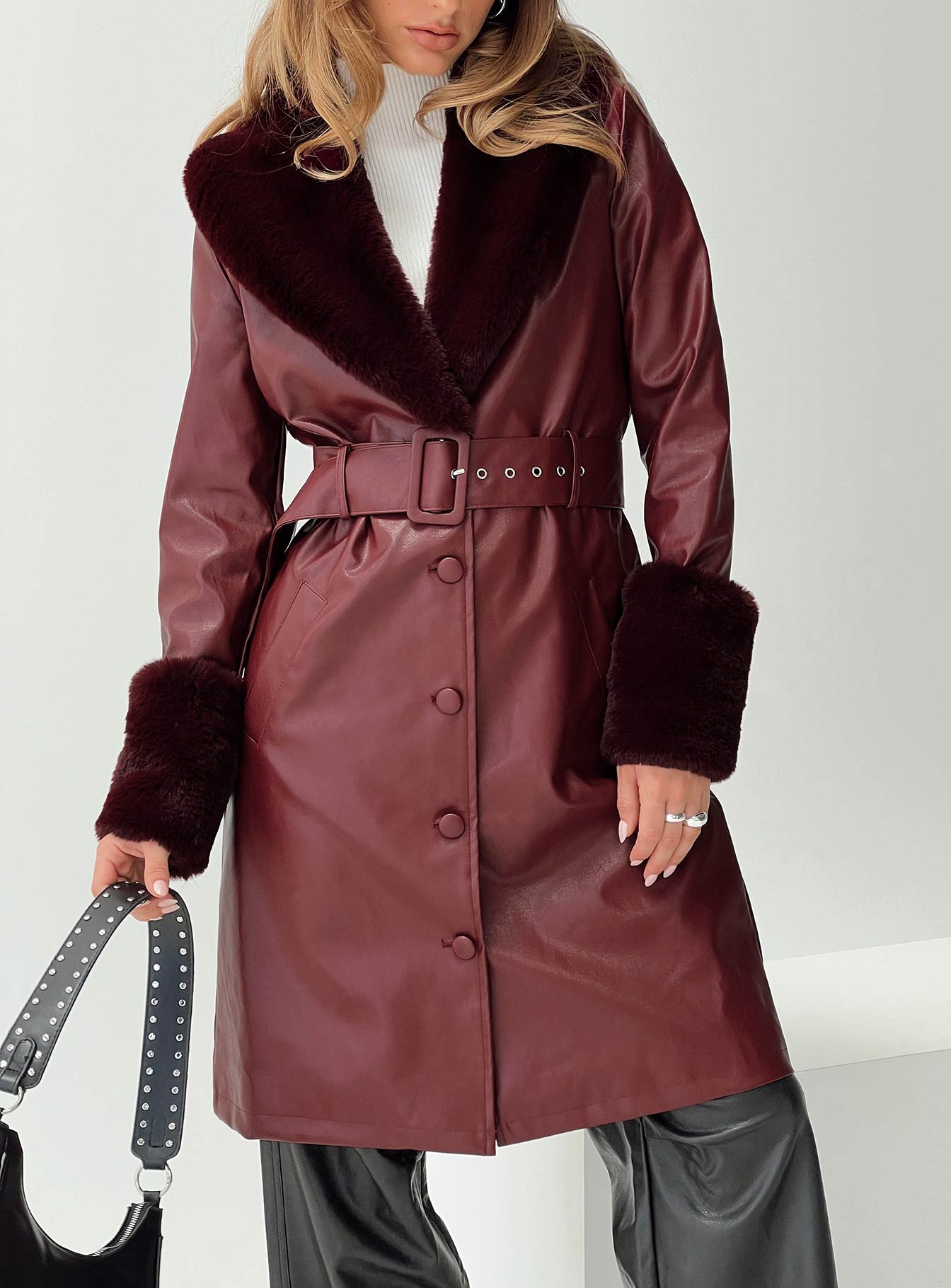 Brooklyn Faux Leather Longline Coat Burgundy-Vipp Girl