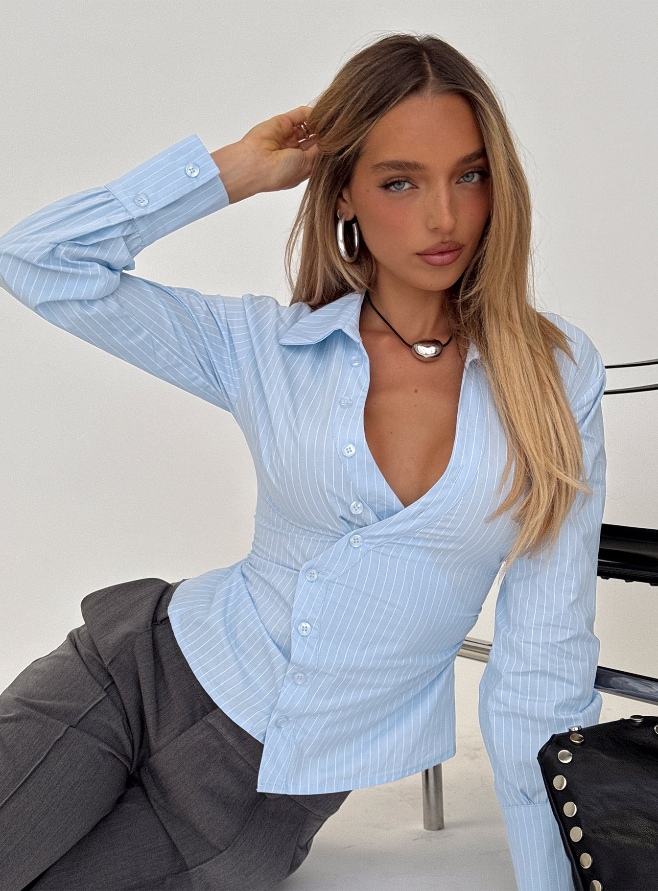 Mayda Asymmetrical Long Sleeve Shirt Blue Pinstripe-Vipp Girl