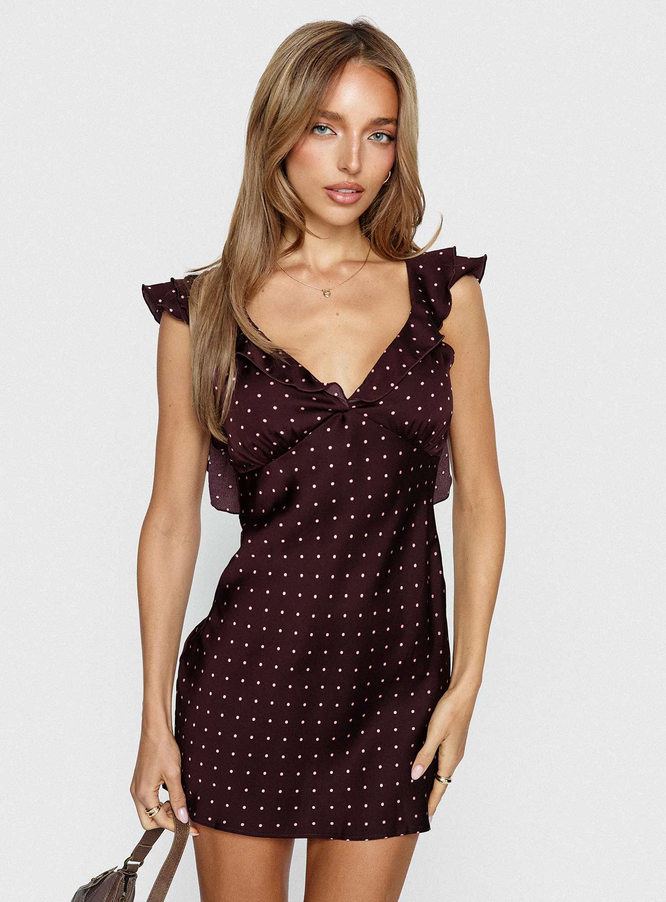 Kamillah Frill Mini Dress Burgundy Polka Dot-Vipp Girl