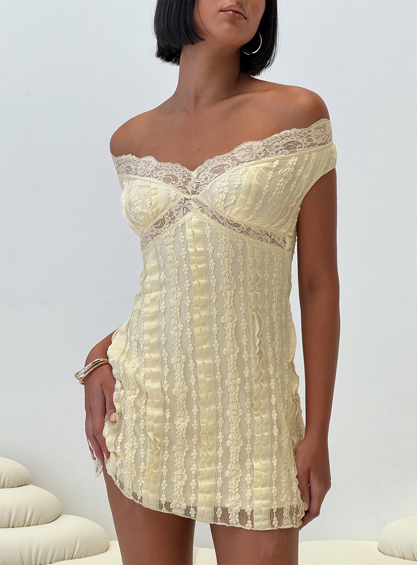 Bonnin Off The Shoulder Lace Mini Dress Yellow-Vipp Girl