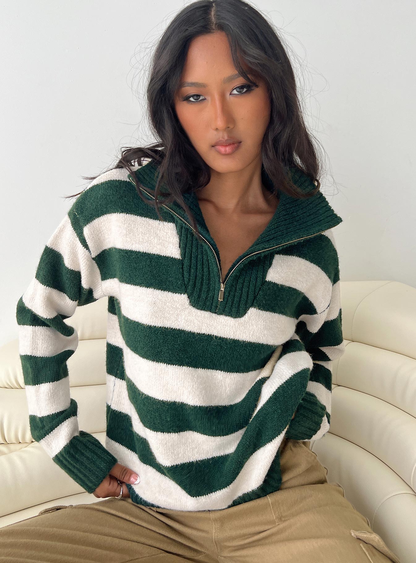 Neena Quarter Zip Sweater Green / Cream-Vipp Girl