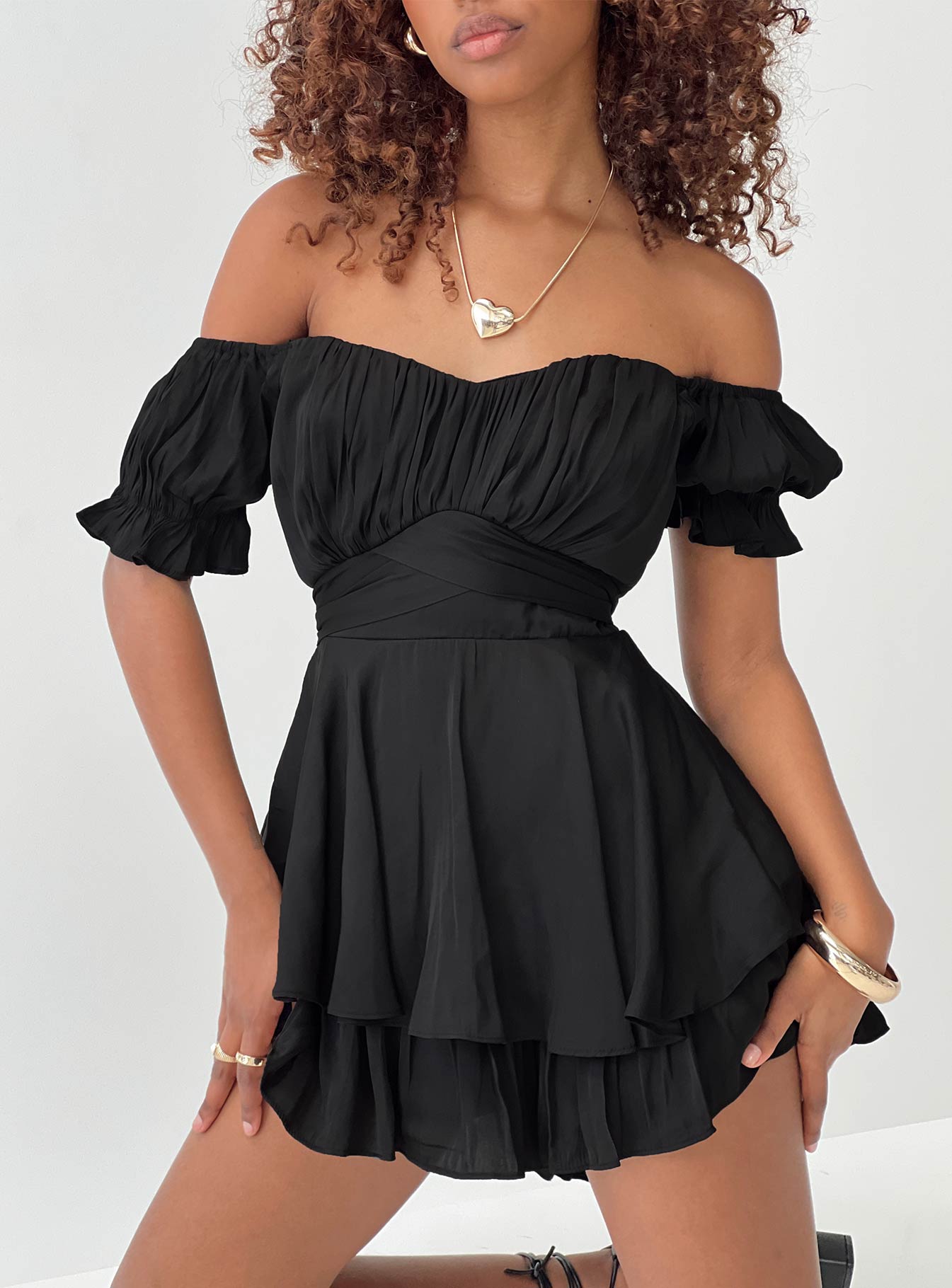 Poppins Off Shoulder Romper Black-Vipp Girl