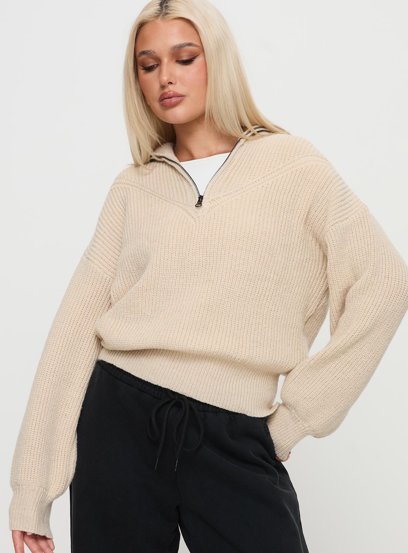 Fireheart Zip Through Knit Sweater Beige-Vipp Girl