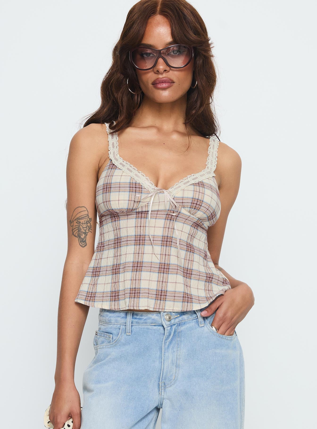 Pretty It Up Tie Detail Top Beige Check-Vipp Girl