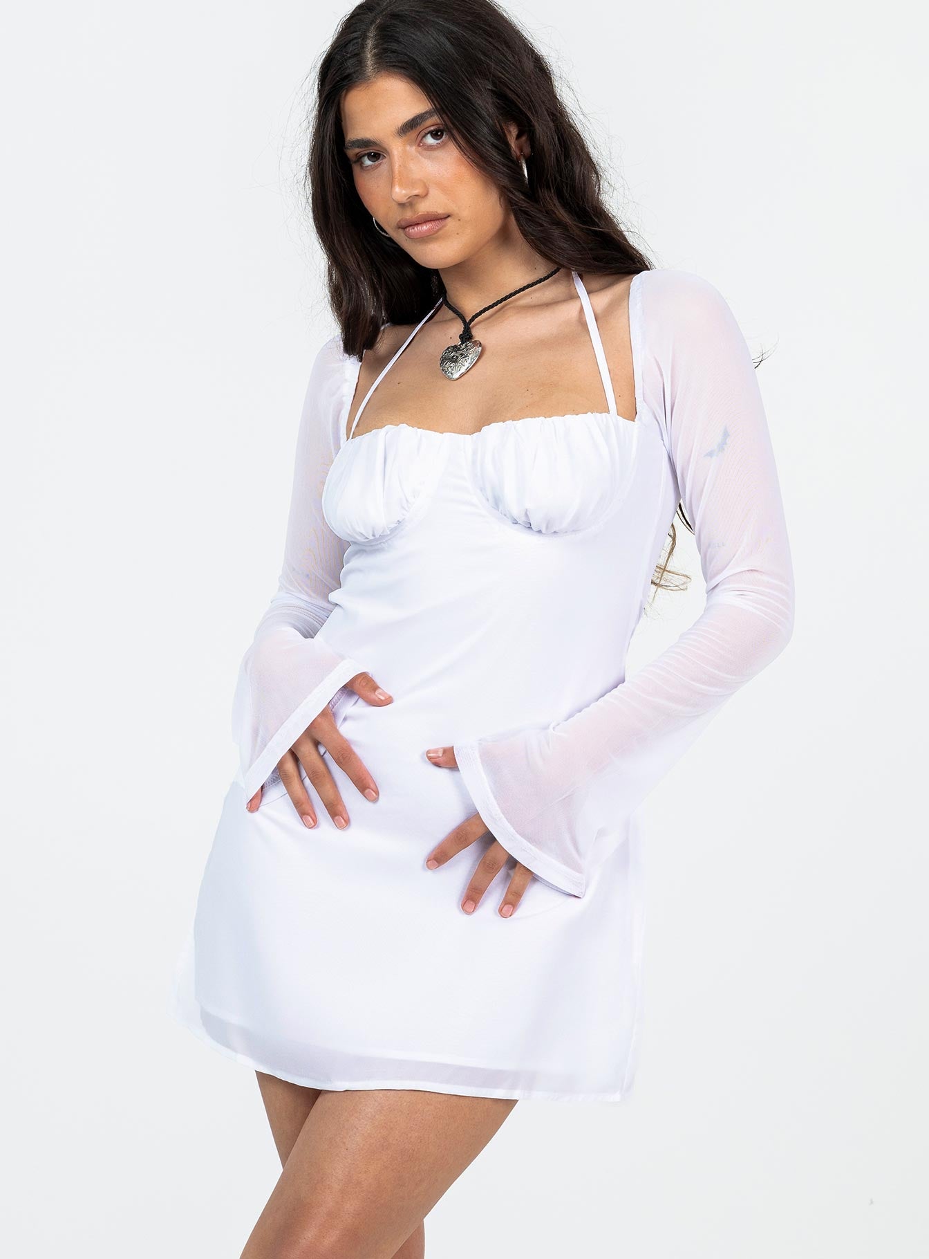 Dyer Sheer Sleeve Mini Dress White Petite-Vipp Girl