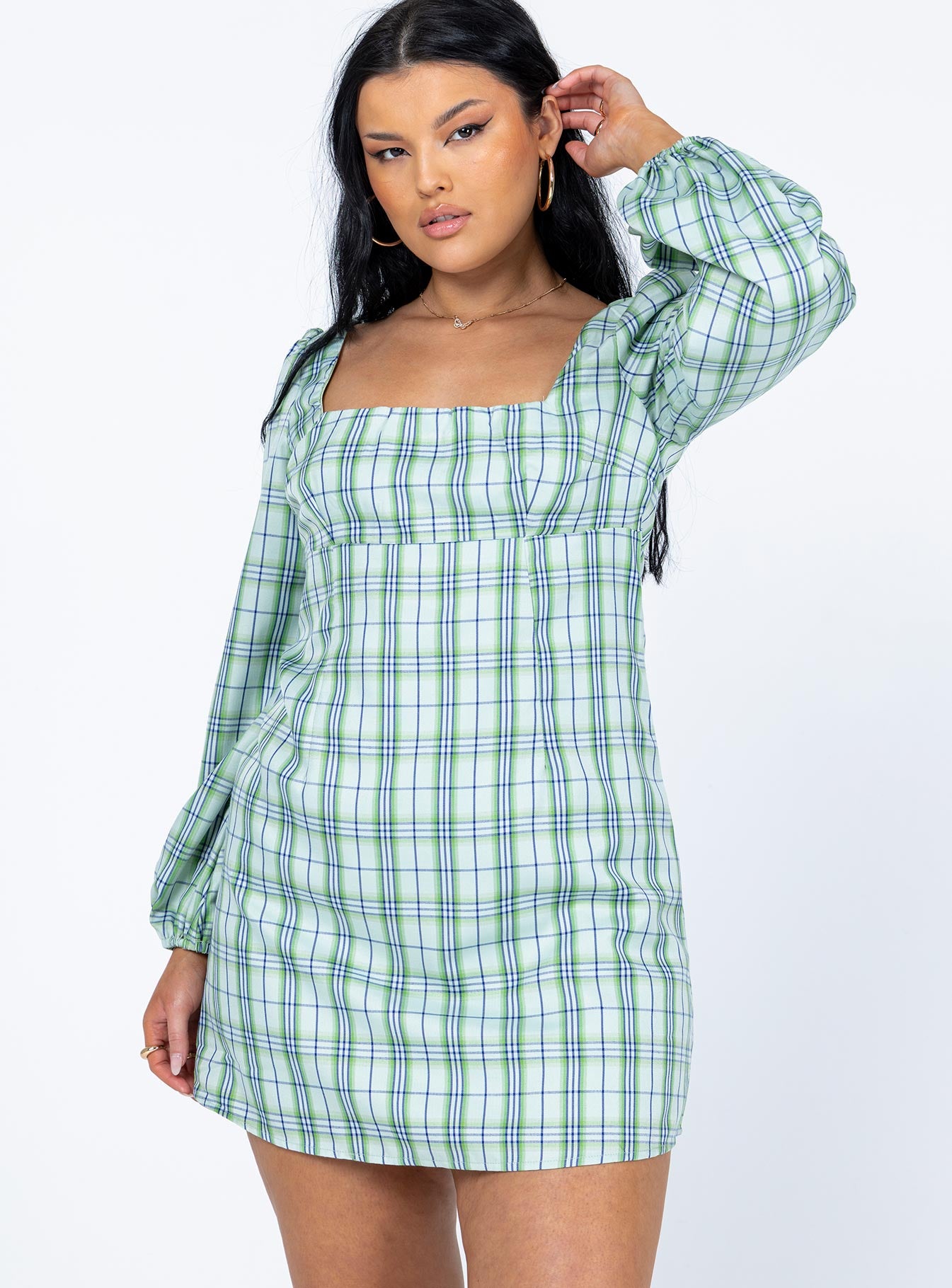 Hastings Long Sleeve Mini Dress Green Check-Vipp Girl