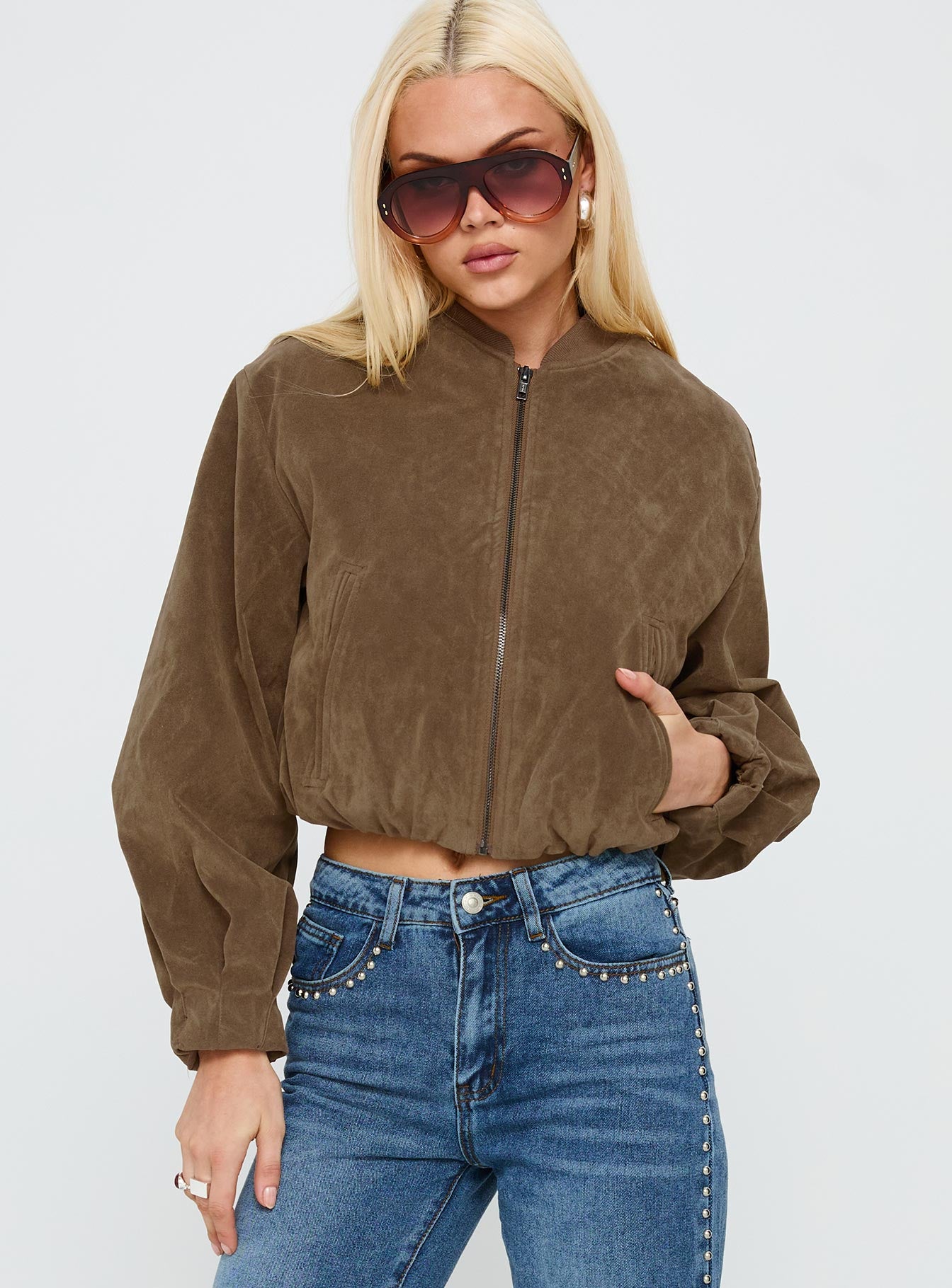 Mastery Faux Suede Bomber Jacket Brown-Vipp Girl