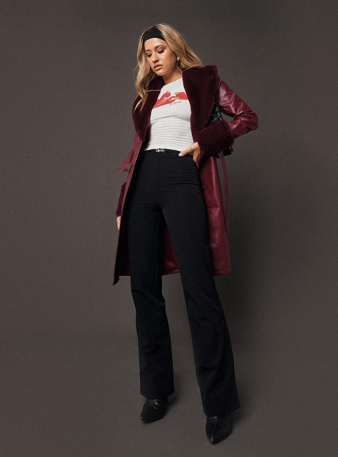 Brooklyn Faux Leather Longline Coat Burgundy-Vipp Girl