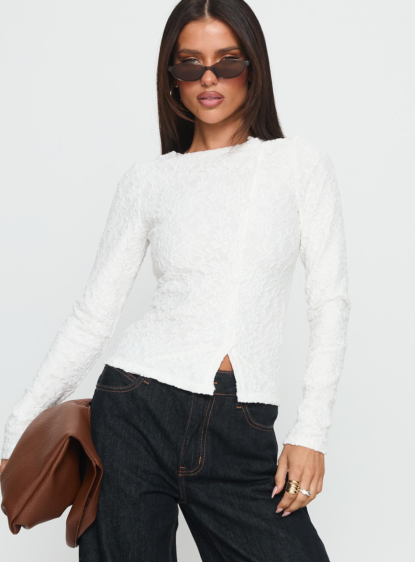 Passoni Long Sleeve Lace Top White-Vipp Girl