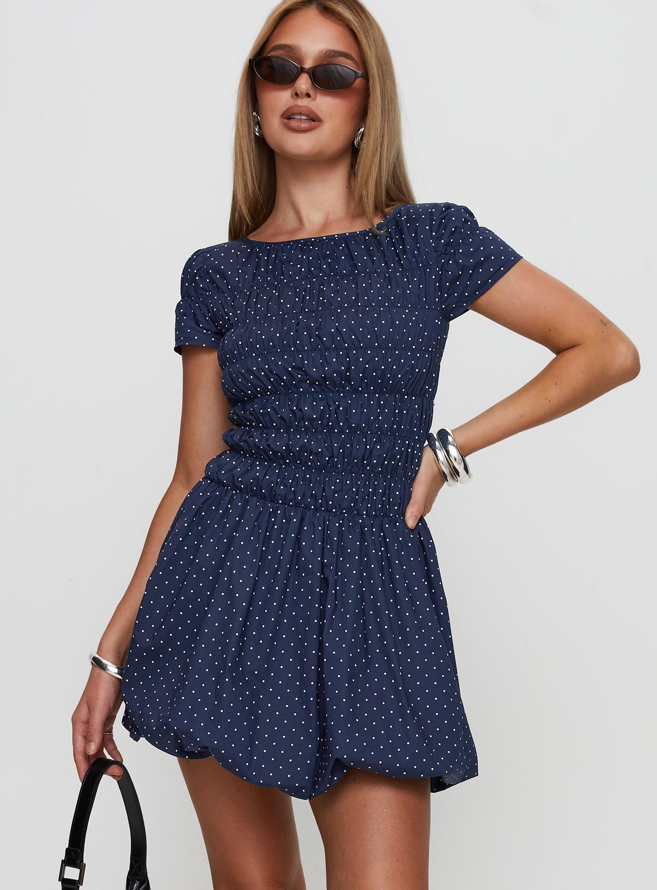Kennedia Shirred Bubble Hem Mini Dress Navy-Vipp Girl