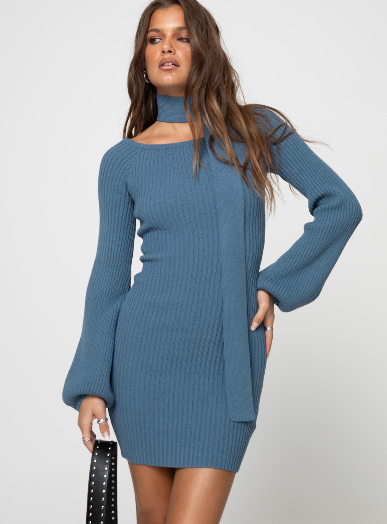 Dyante Long Sleeve Scarf Mini Dress Blue-Vipp Girl