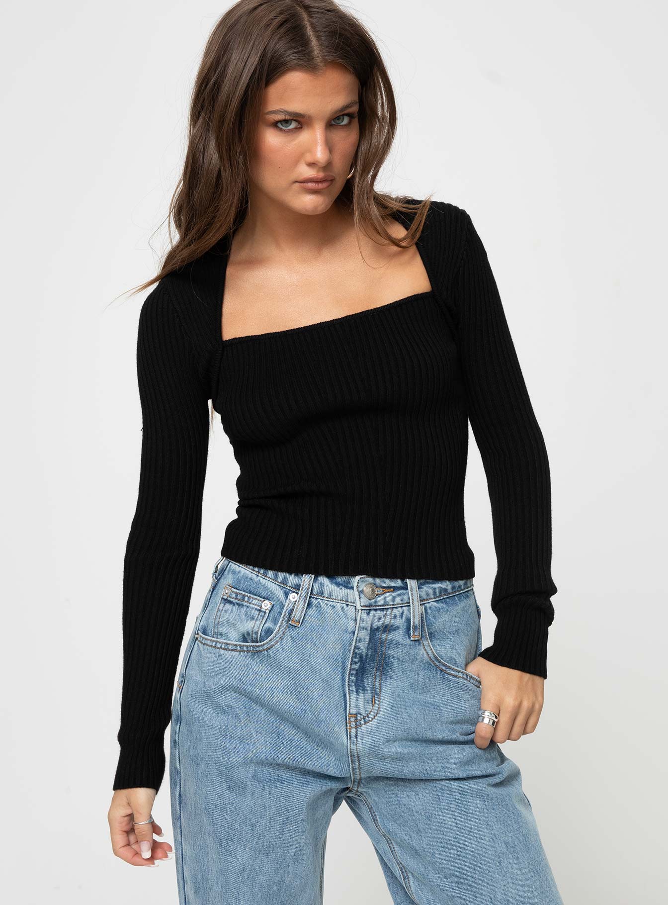Gleeson Square Neck Long Sleeve Top Black-Vipp Girl