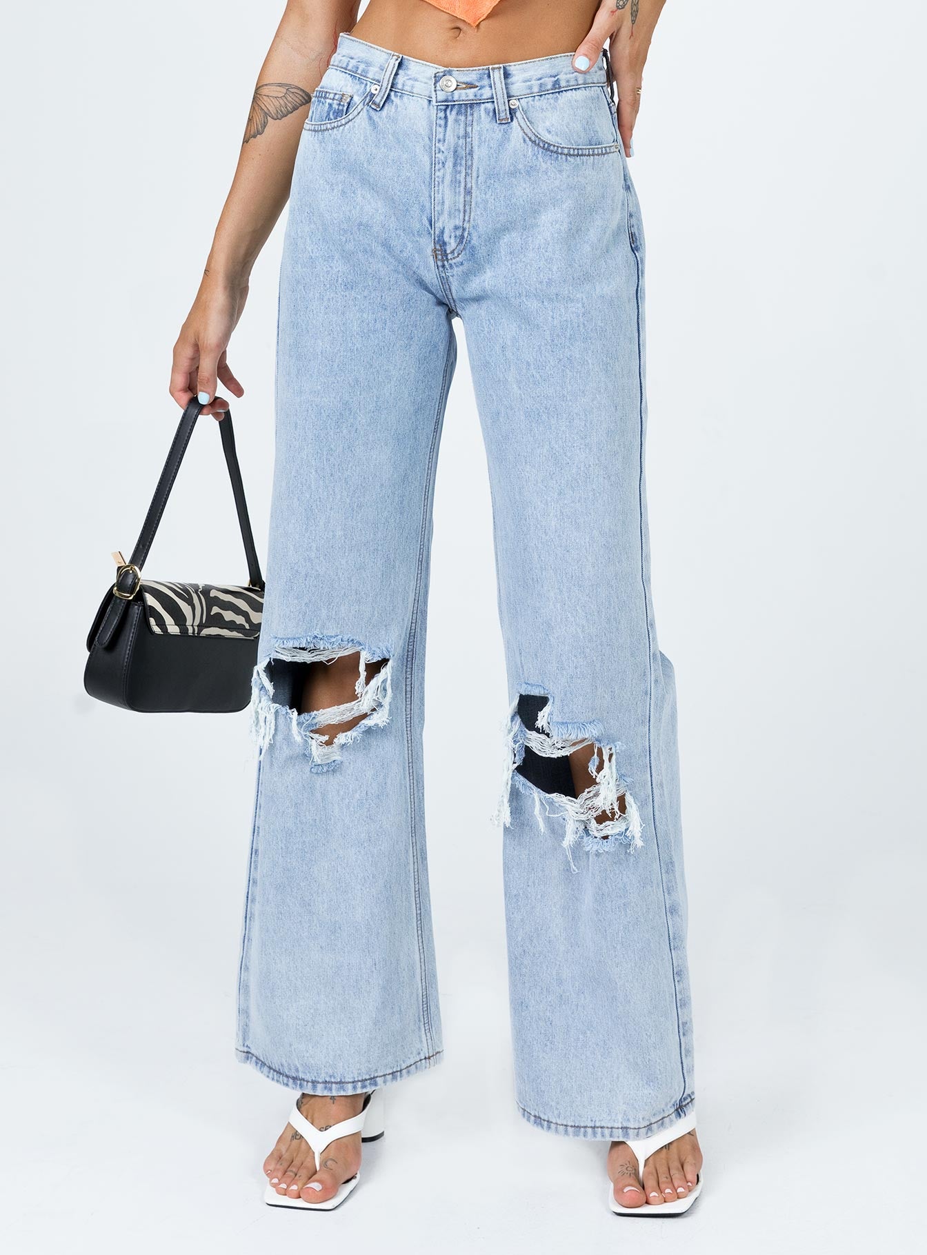 Maple Flare Jeans Knee Rips Light Wash Denim-Vipp Girl