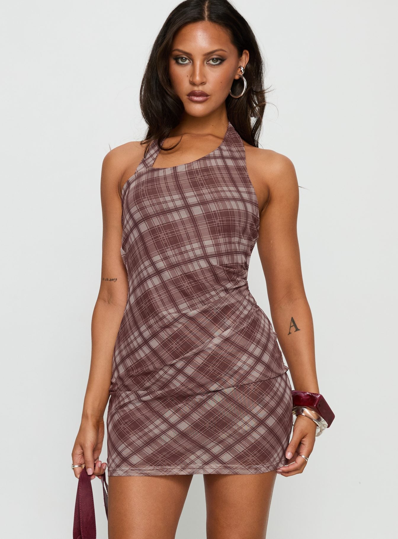 Kastles Halter Cut Out Mini Dress Brown Check-Vipp Girl