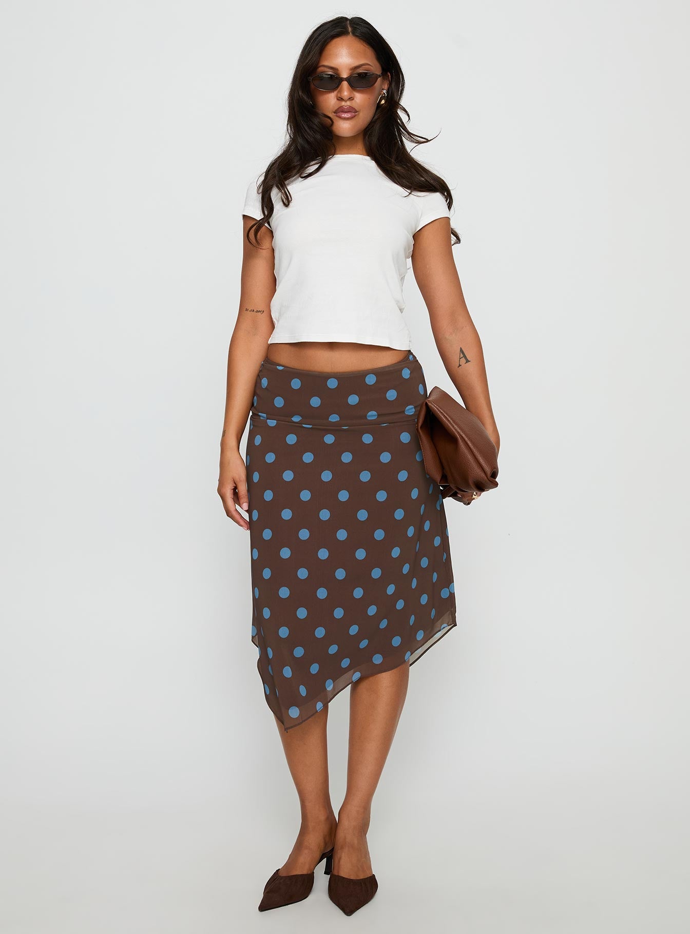 Daphene Asymmetrical Midi Skirt Brown / Blue Polka Dot-Vipp Girl