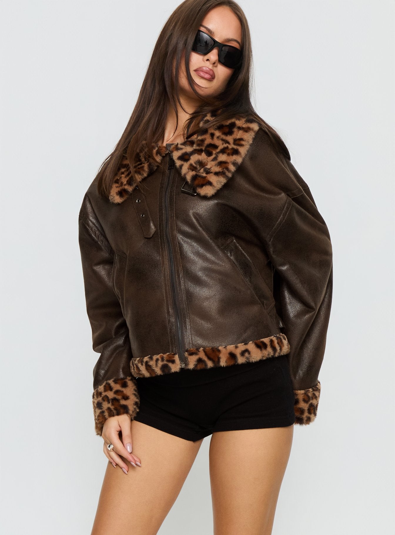 Brandyn Faux Fur Trim Jacket Brown / Leopard-Vipp Girl