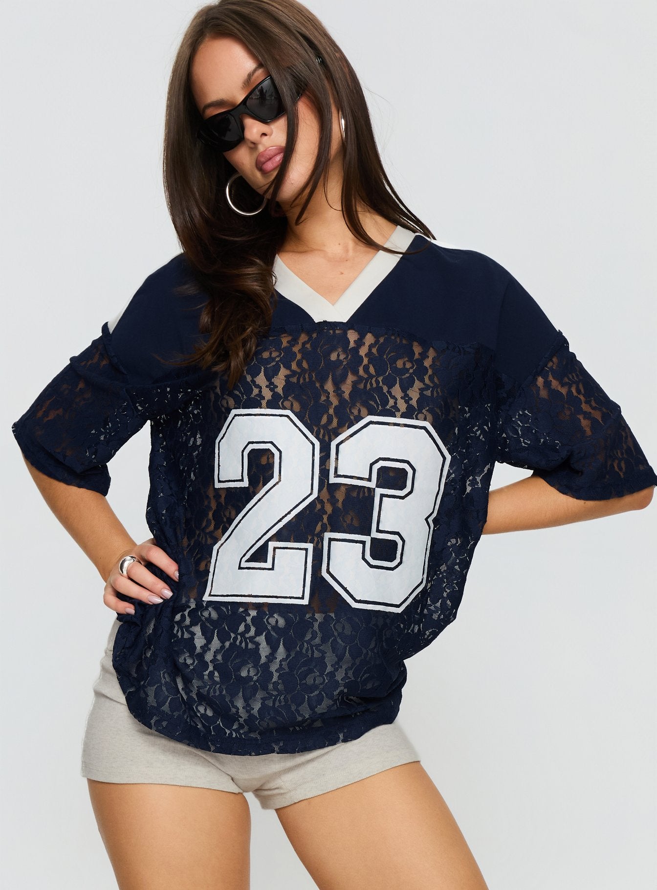 Lucky 23 Lace Jersey Graphic Top Navy-Vipp Girl