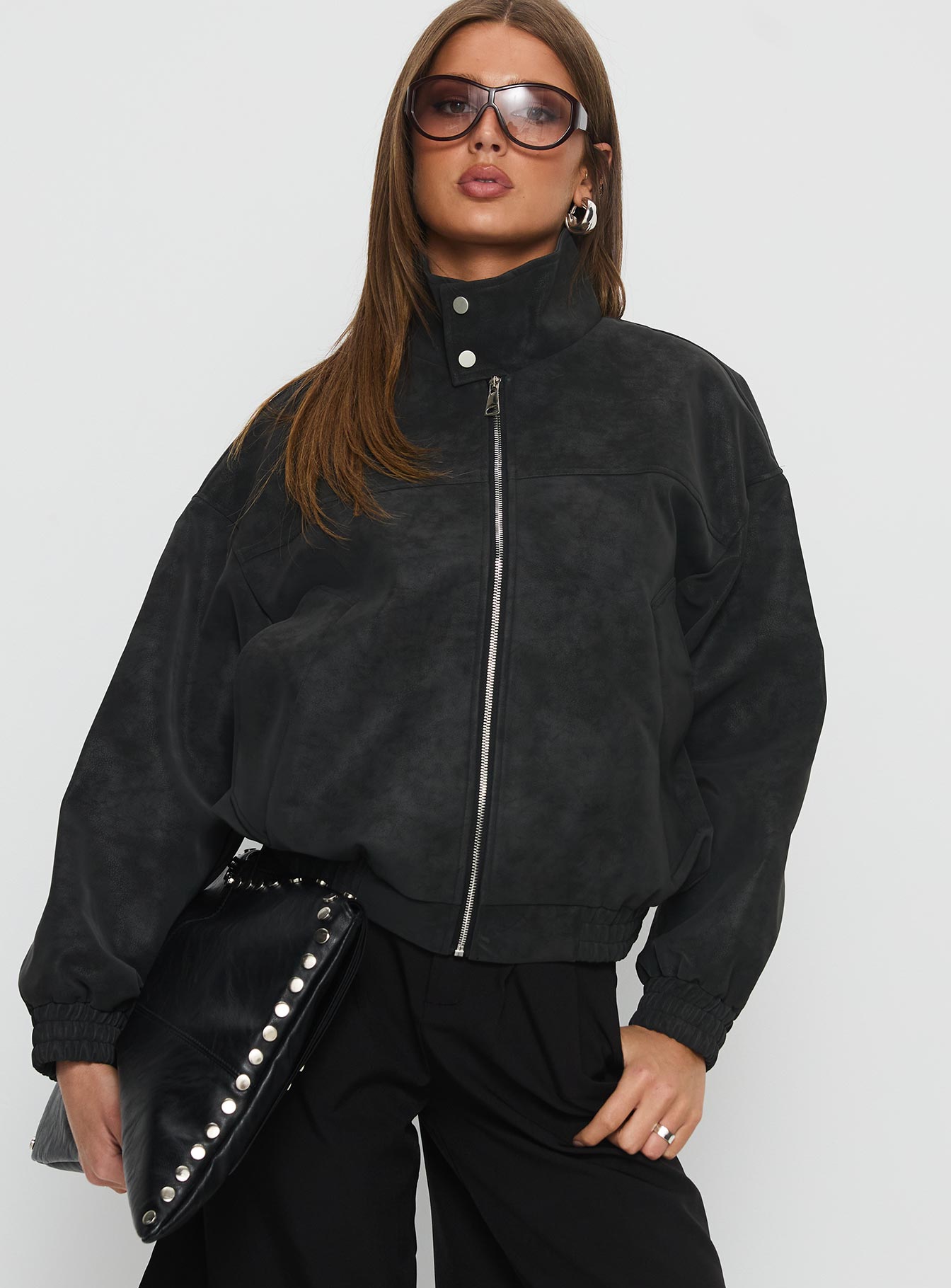 Ellissa Faux Suede Bomber Jacket Black-Vipp Girl