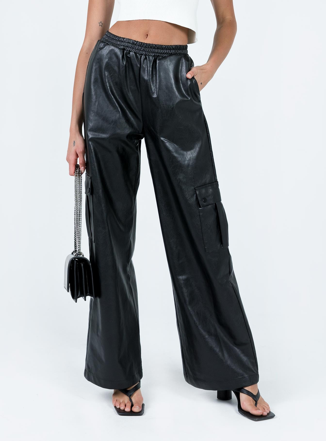 Lista Faux Leather Elastic Pocket Pants Black-Vipp Girl