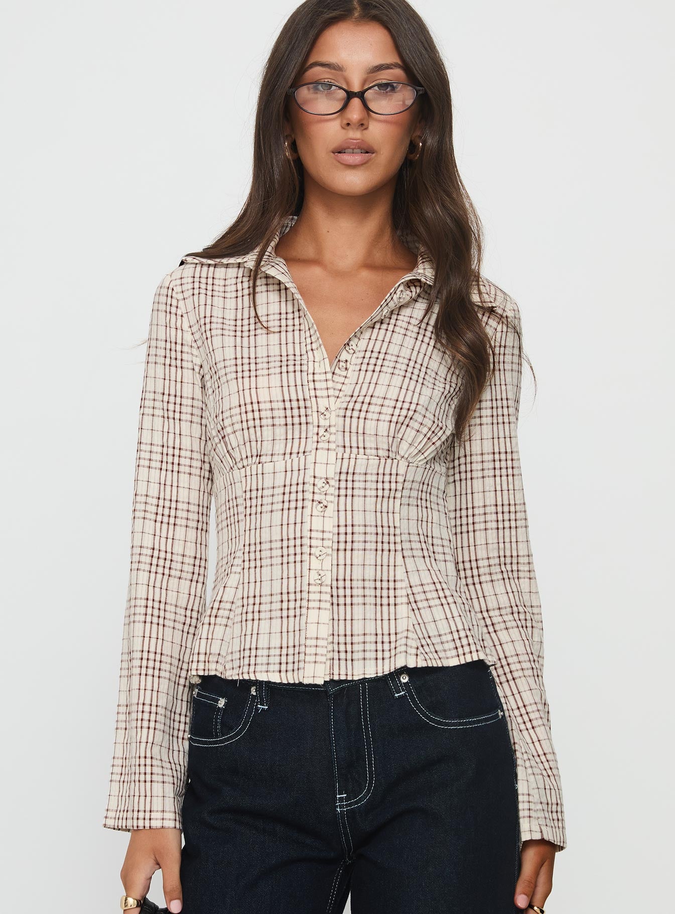 Cottesloe Long Sleeve Blouse Top Brown Check-Vipp Girl