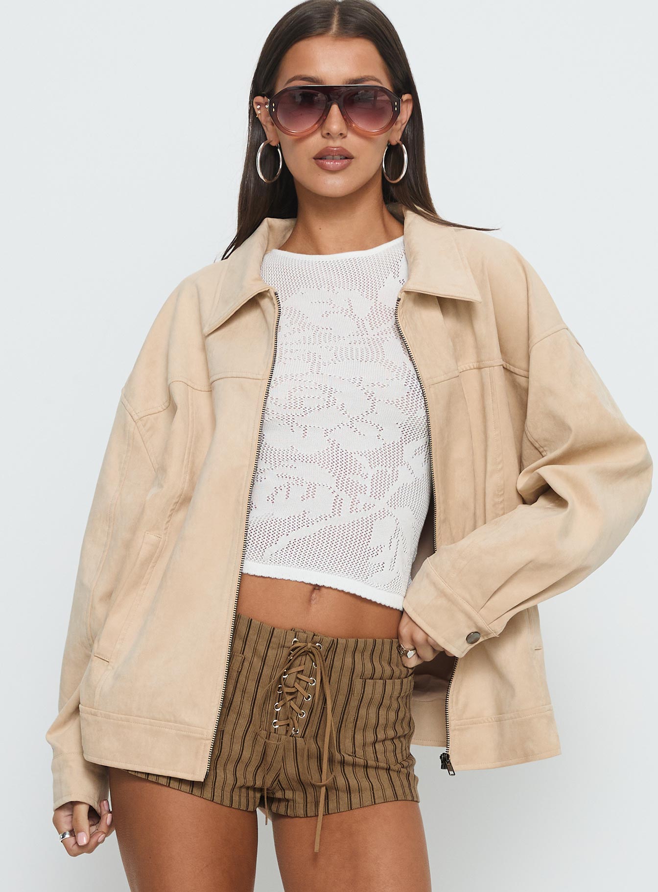 Goldsmith Faux Suede Bomber Jacket Beige-Vipp Girl
