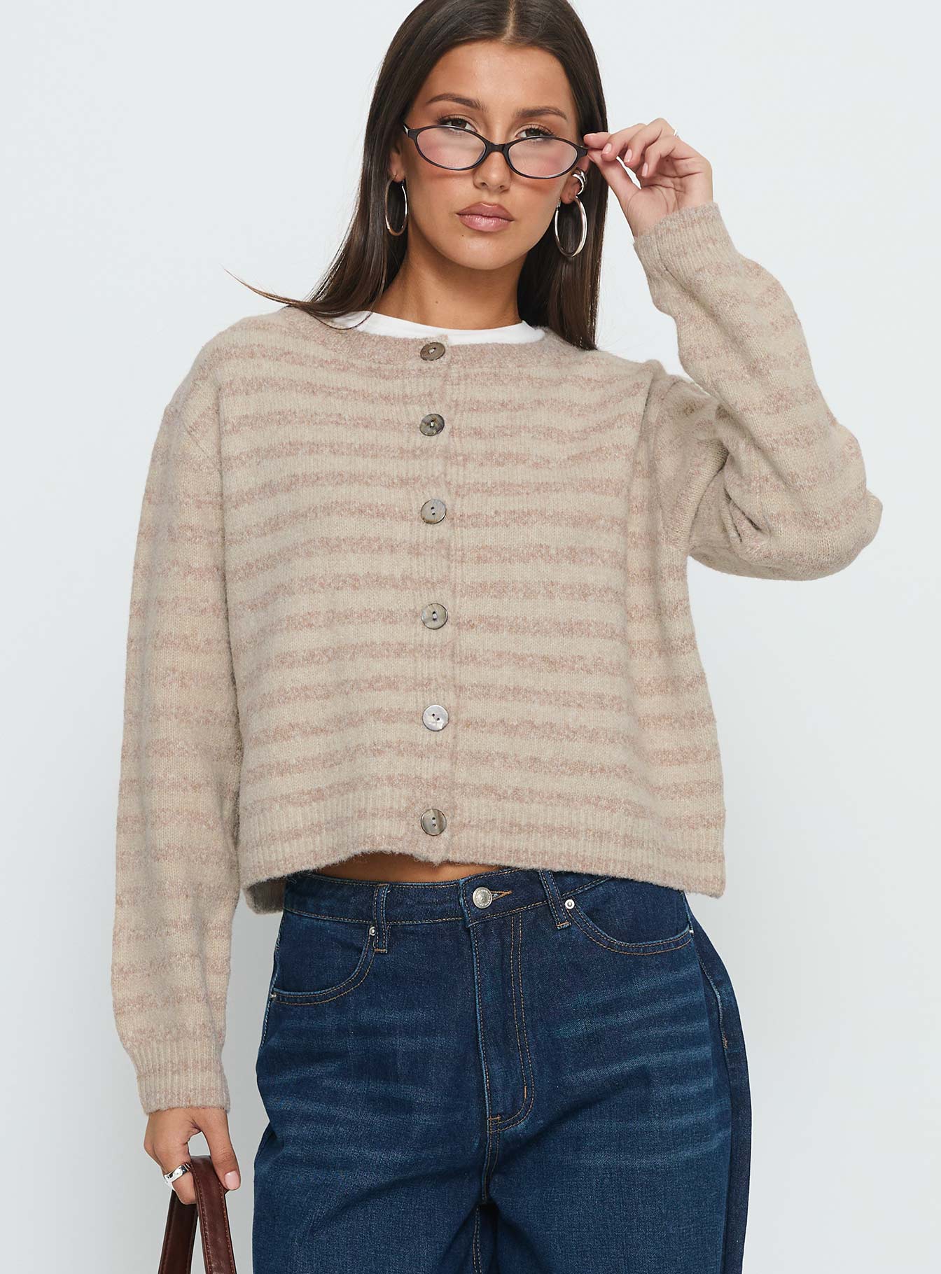 Raynna Button Up Cardigan Beige Stripe-Vipp Girl