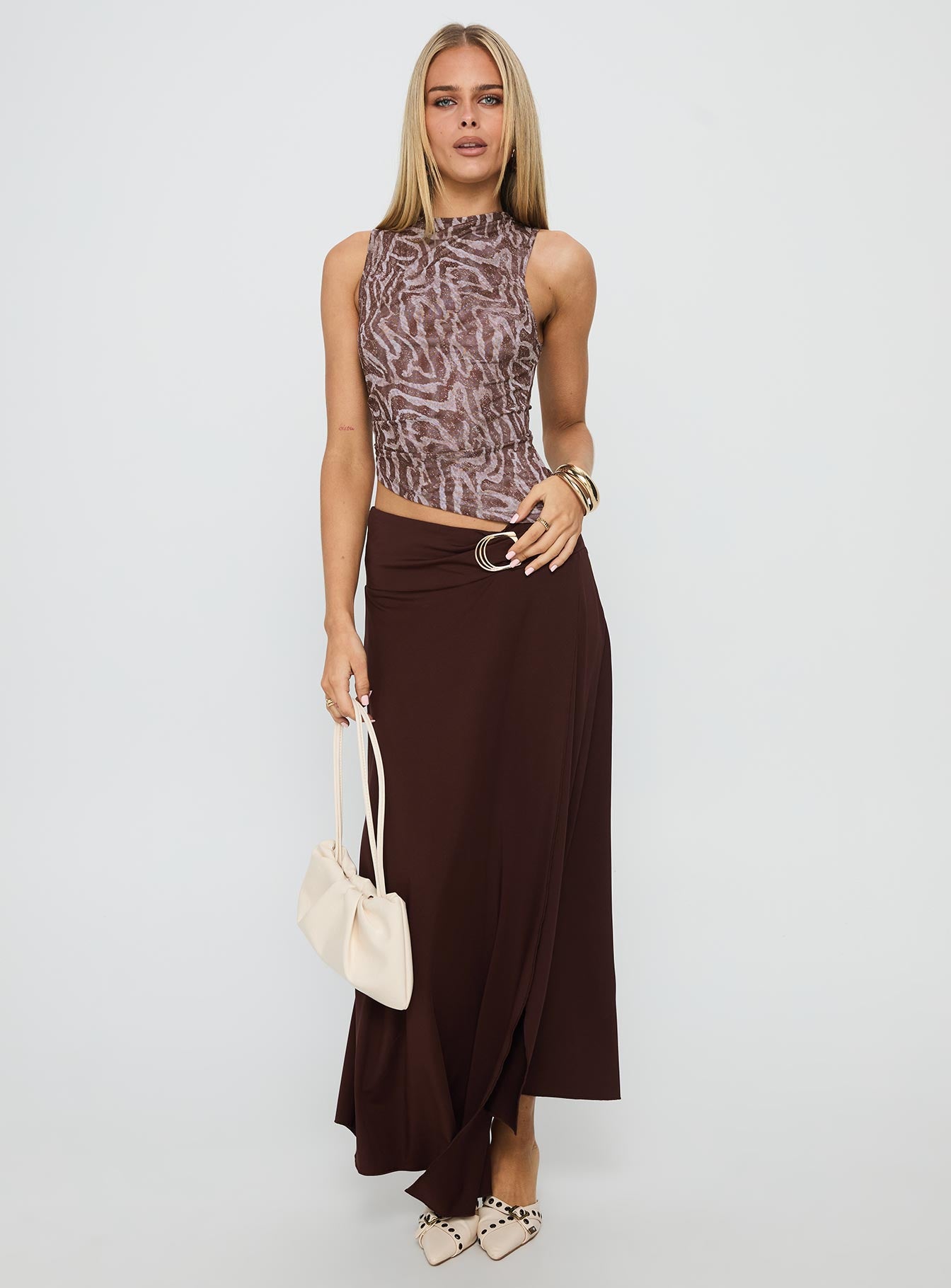 Nola Hardware Slit Maxi Skirt Brown-Vipp Girl