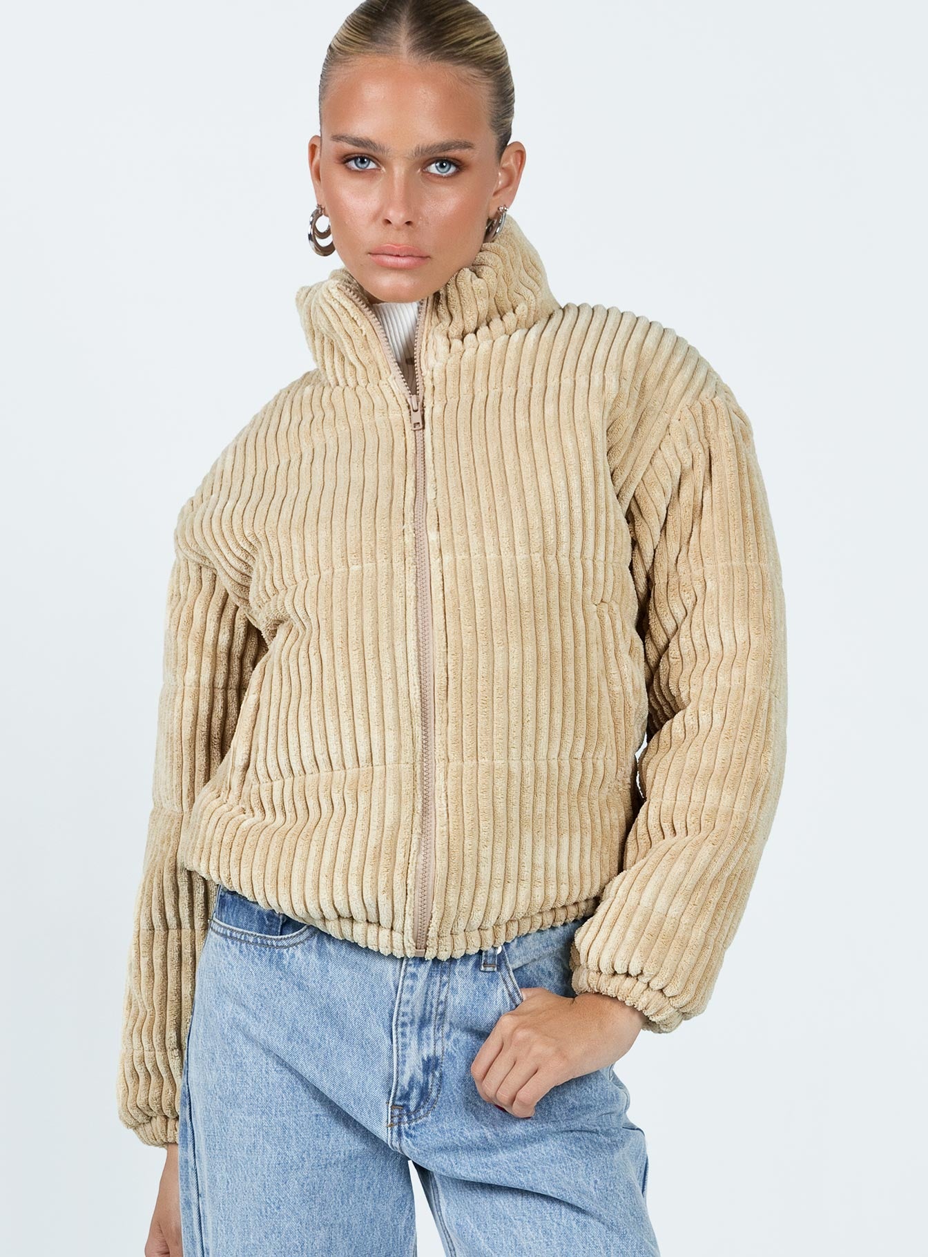 Benli Cord Puffer Jacket Beige-Vipp Girl