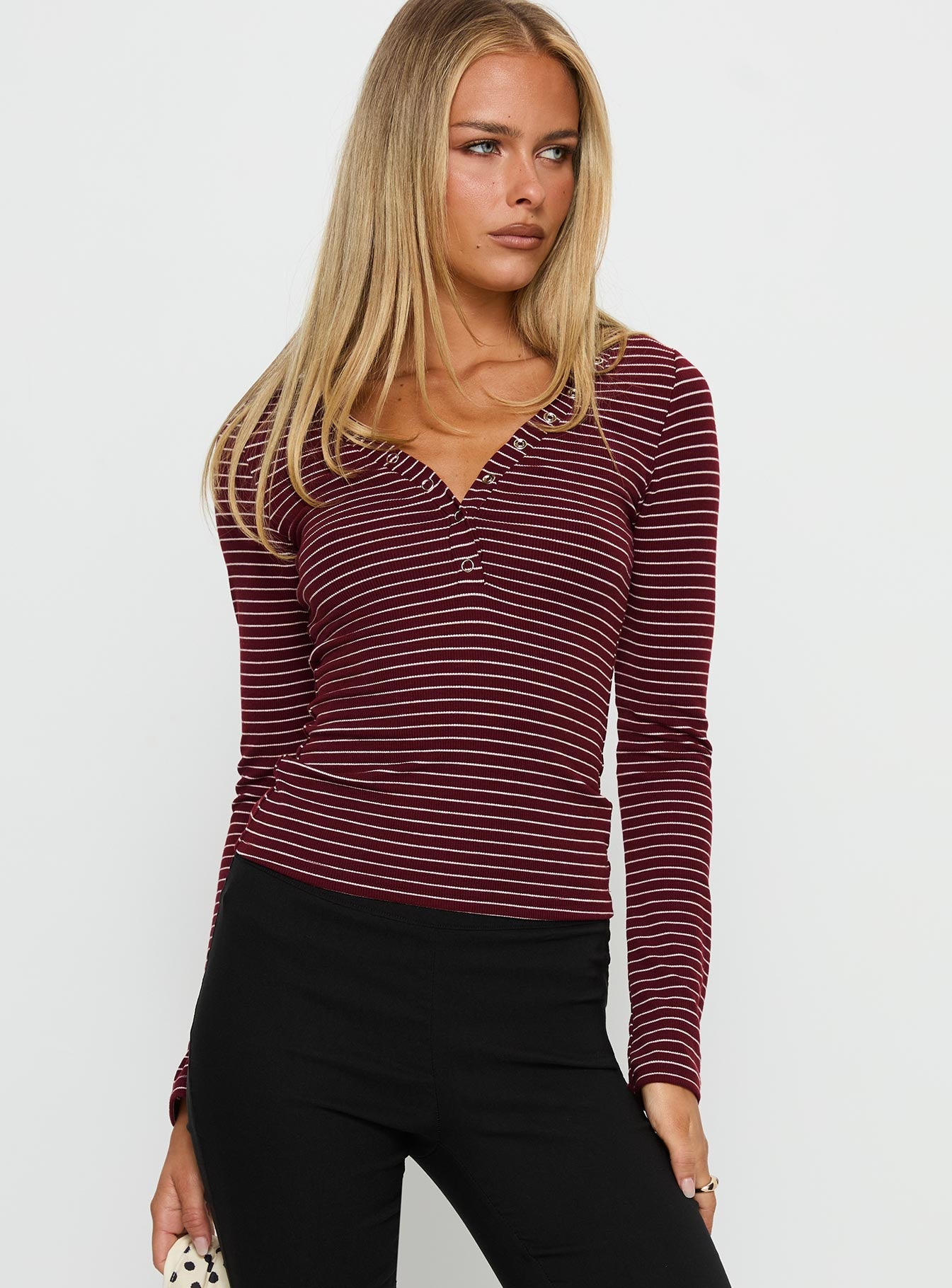 Georgeanna Button Up Long Sleeve Top Burgundy Stripe-Vipp Girl