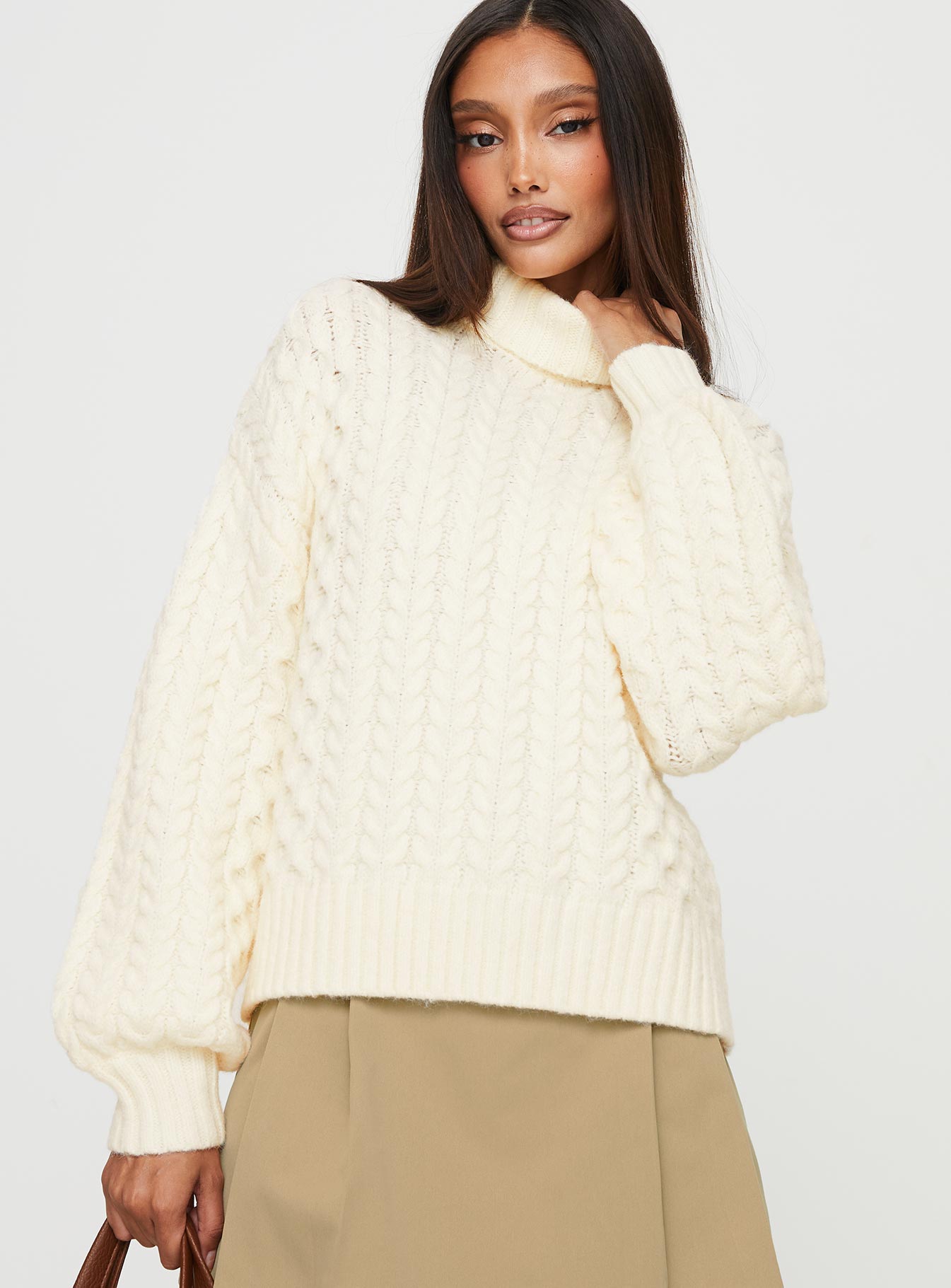 Judson Roll Neck Cable Knit Sweater Cream-Vipp Girl