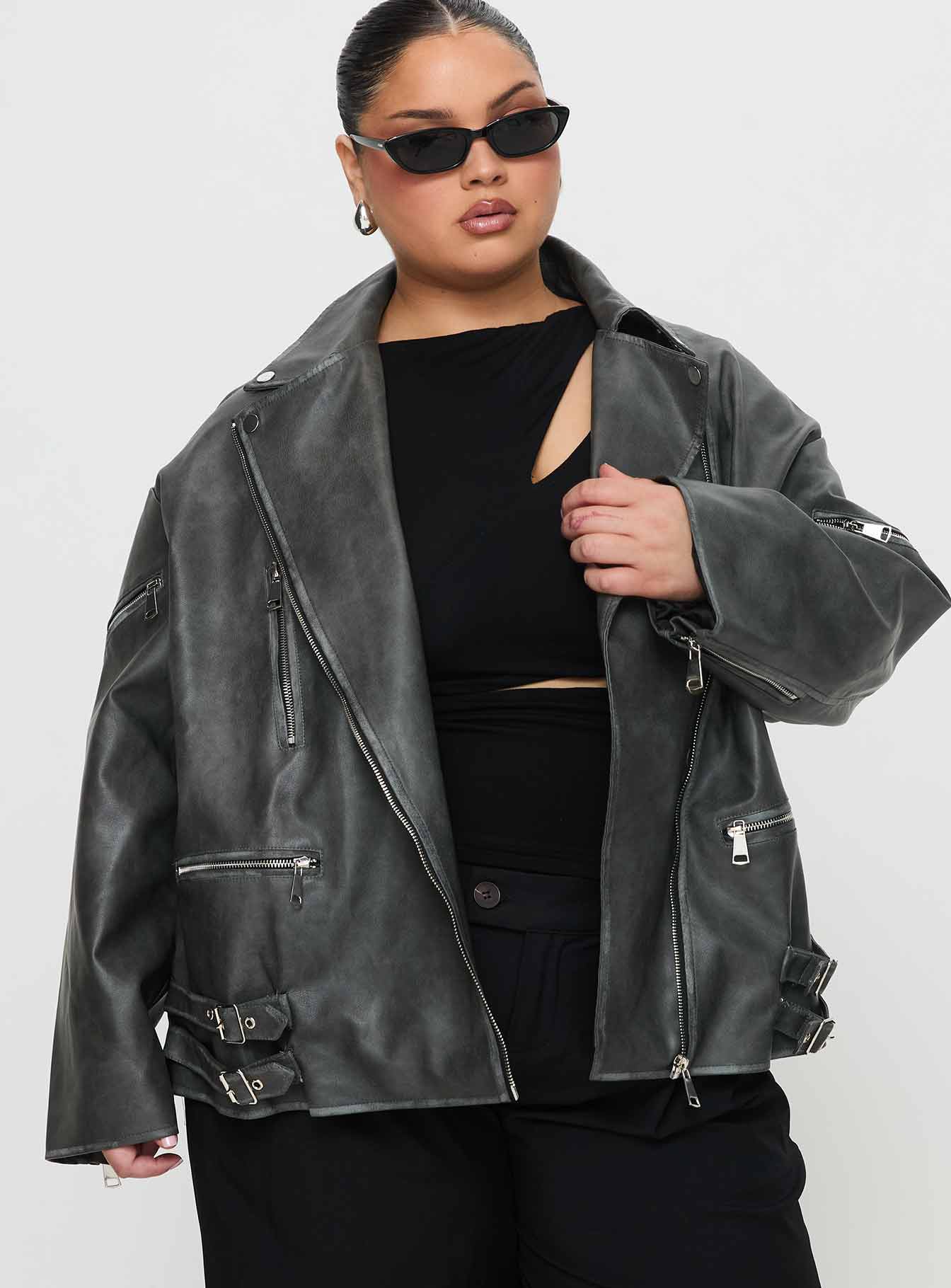 Magnets Faux Leather Jacket Washed Charcoal Curve-Vipp Girl