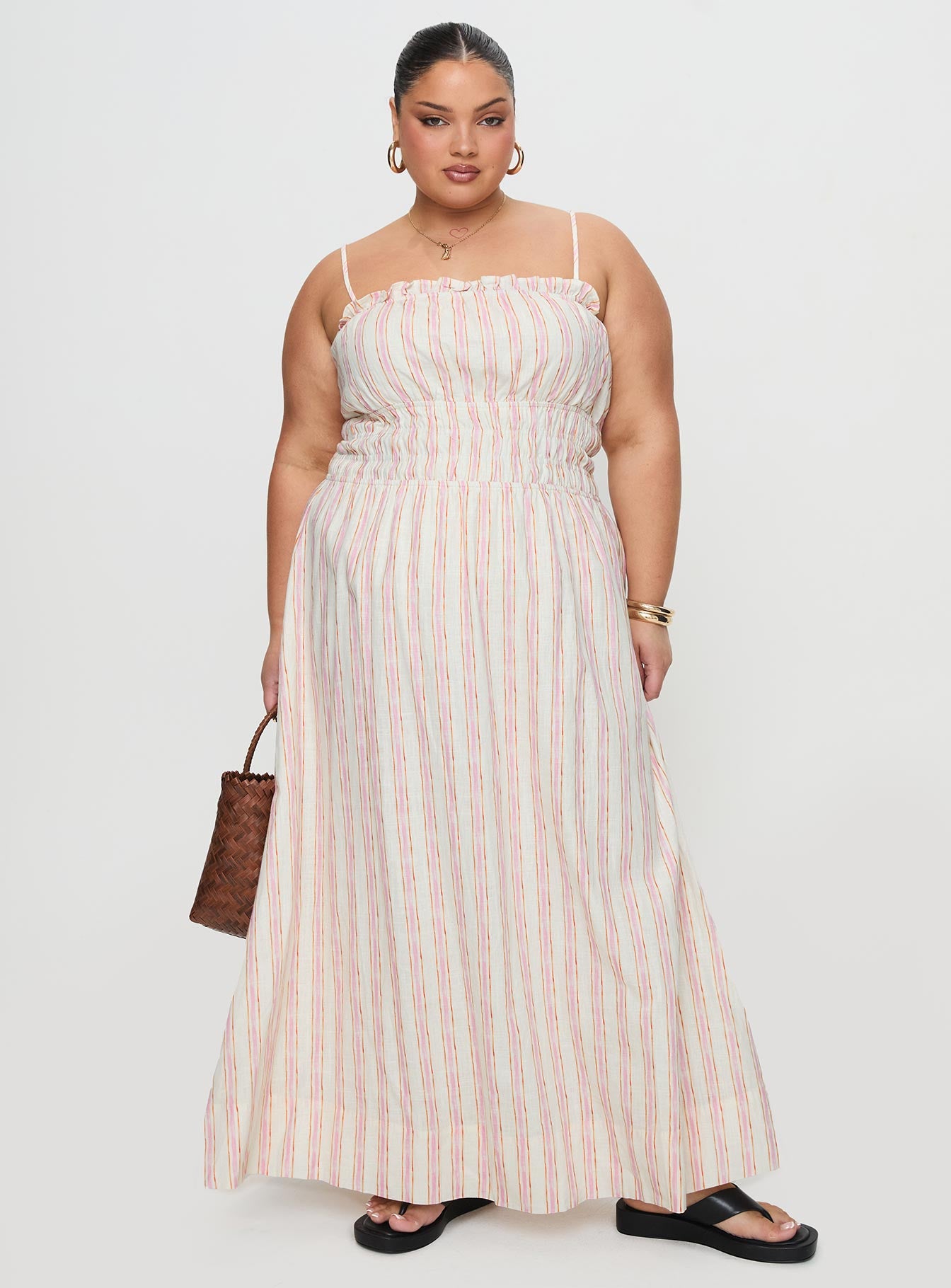 Persephone Shirring Linen Maxi Dress Pink Stripe Curve-Vipp Girl