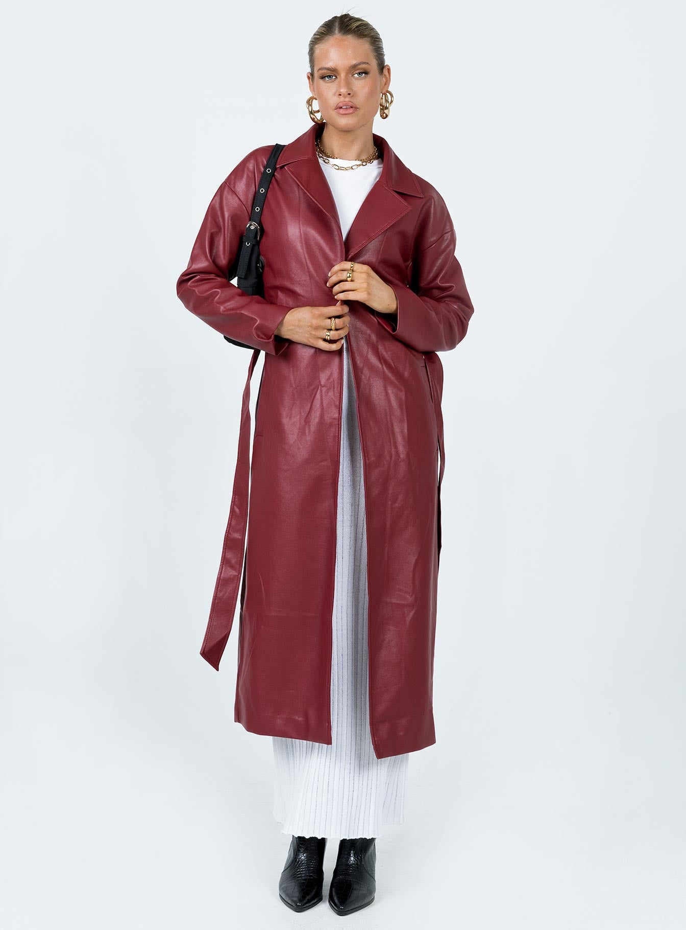 Leif Faux Leather Long Coat Burgundy-Vipp Girl