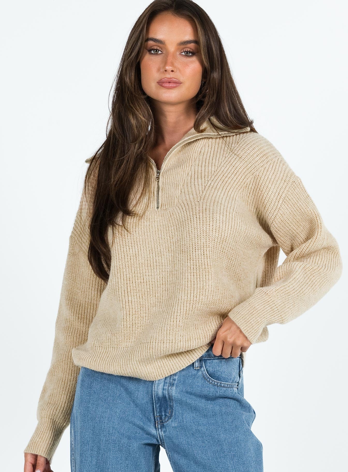 Ferry Zip Front Sweater Beige-Vipp Girl