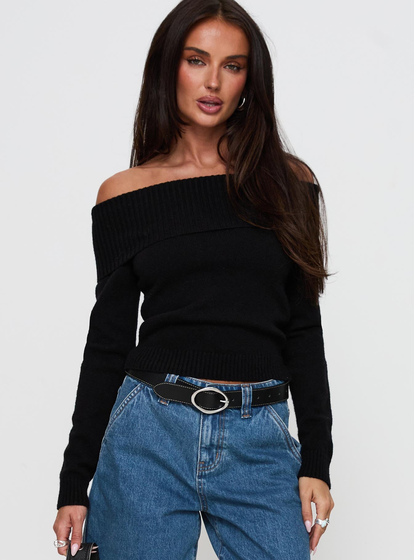 One For Me Off The Shoulder Long Sleeve Sweater Black-Vipp Girl