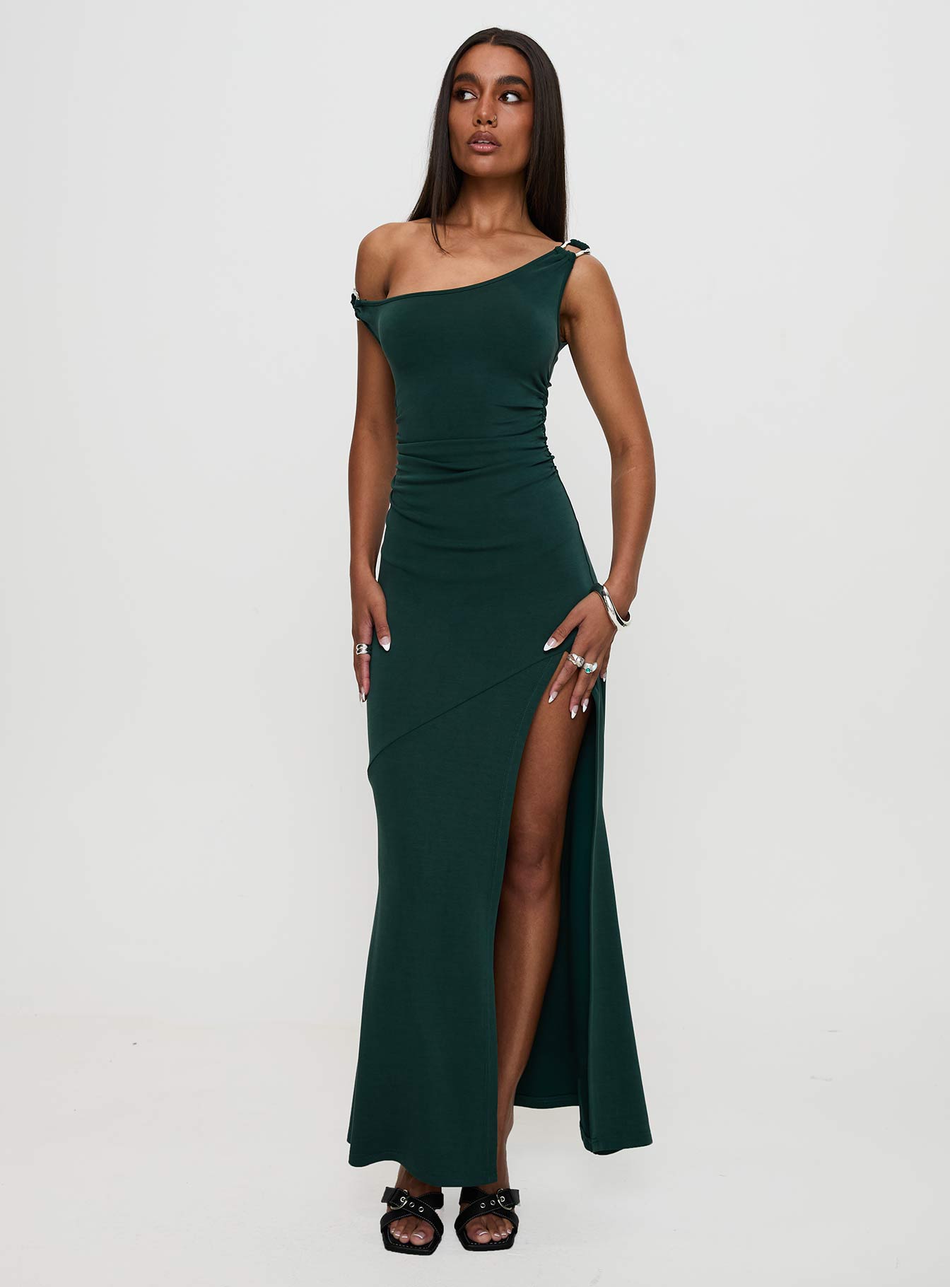 Rios One Shoulder Maxi Dress Green-Vipp Girl