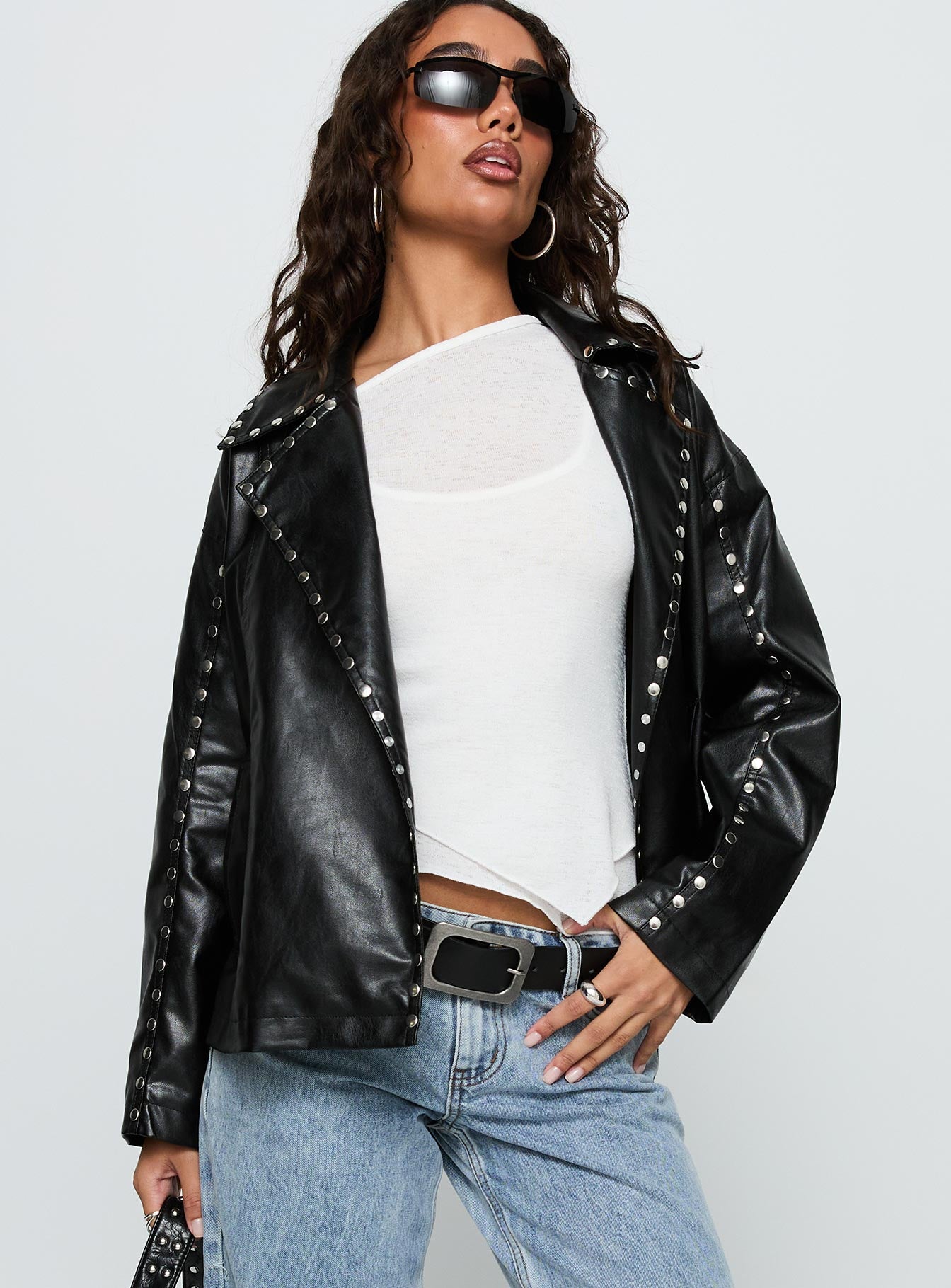 Kaeden Faux Leather Stud Detail Biker Jacket Black-Vipp Girl