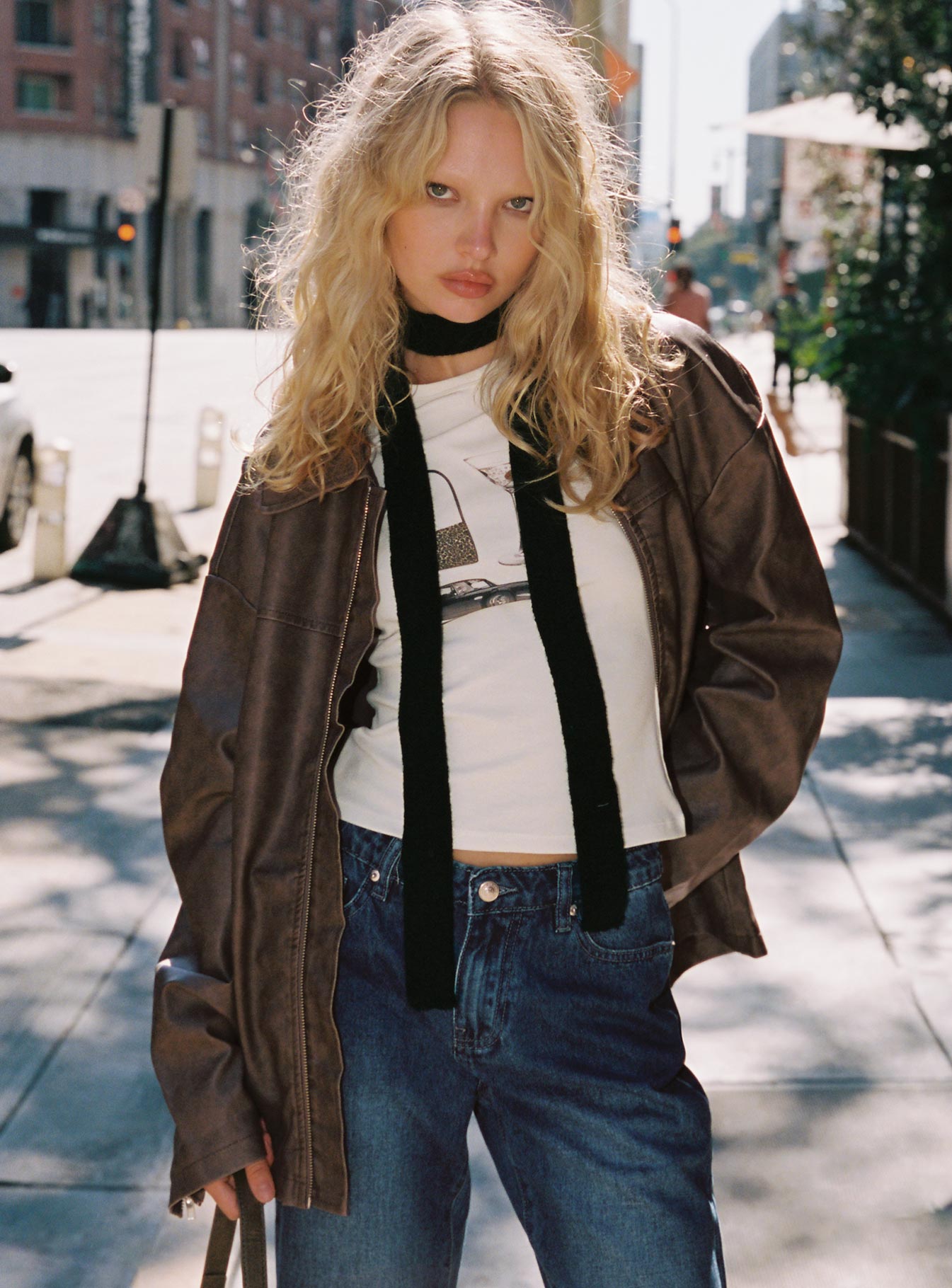 Faux Leather Collared Dad Jacket Washed Brown-Vipp Girl