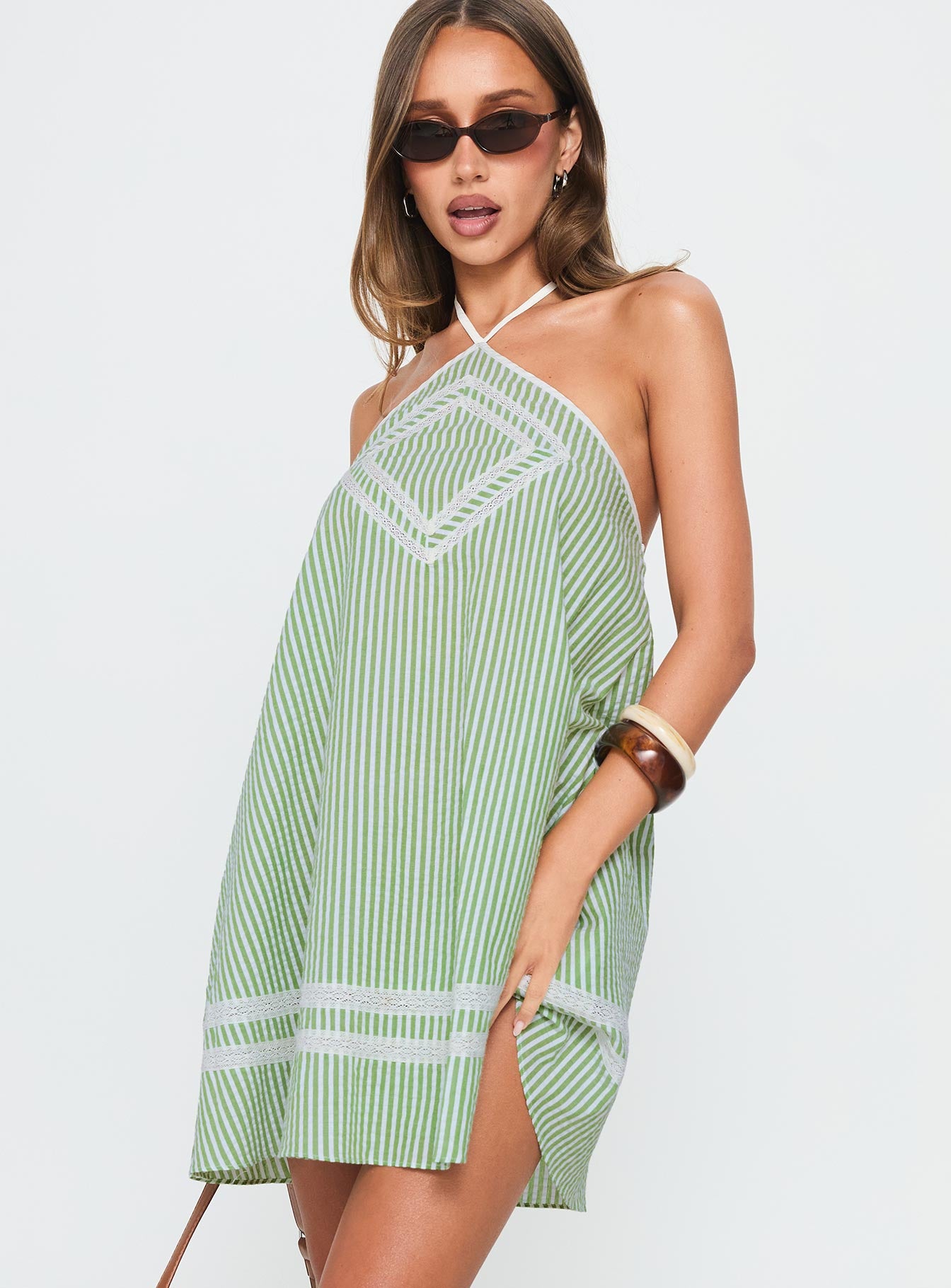 River Rose Anglais Swing Mini Dress Green Stripe-Vipp Girl