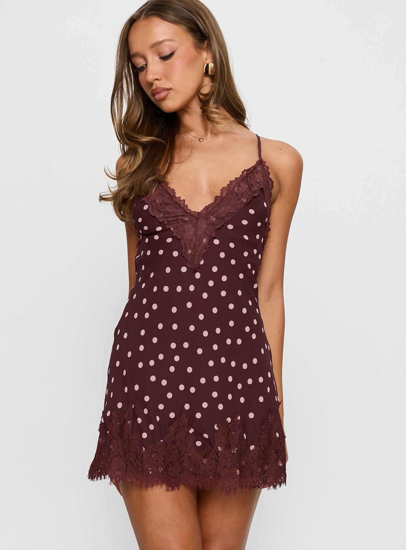 Call My Lover Lace Slip Mini Dress Brown Polka-Vipp Girl
