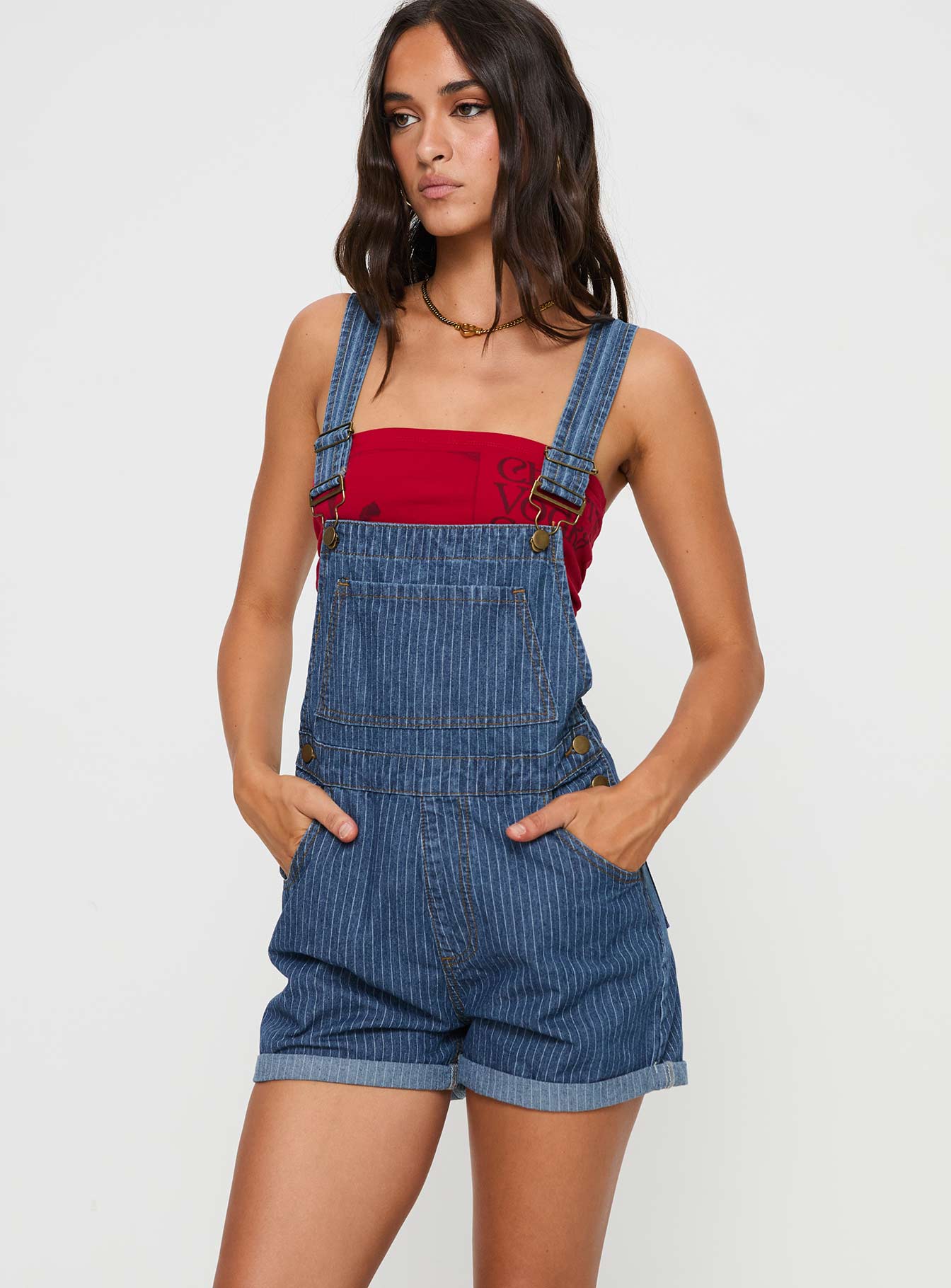Kacey Short Overalls Mid Blue Pinstripe-Vipp Girl
