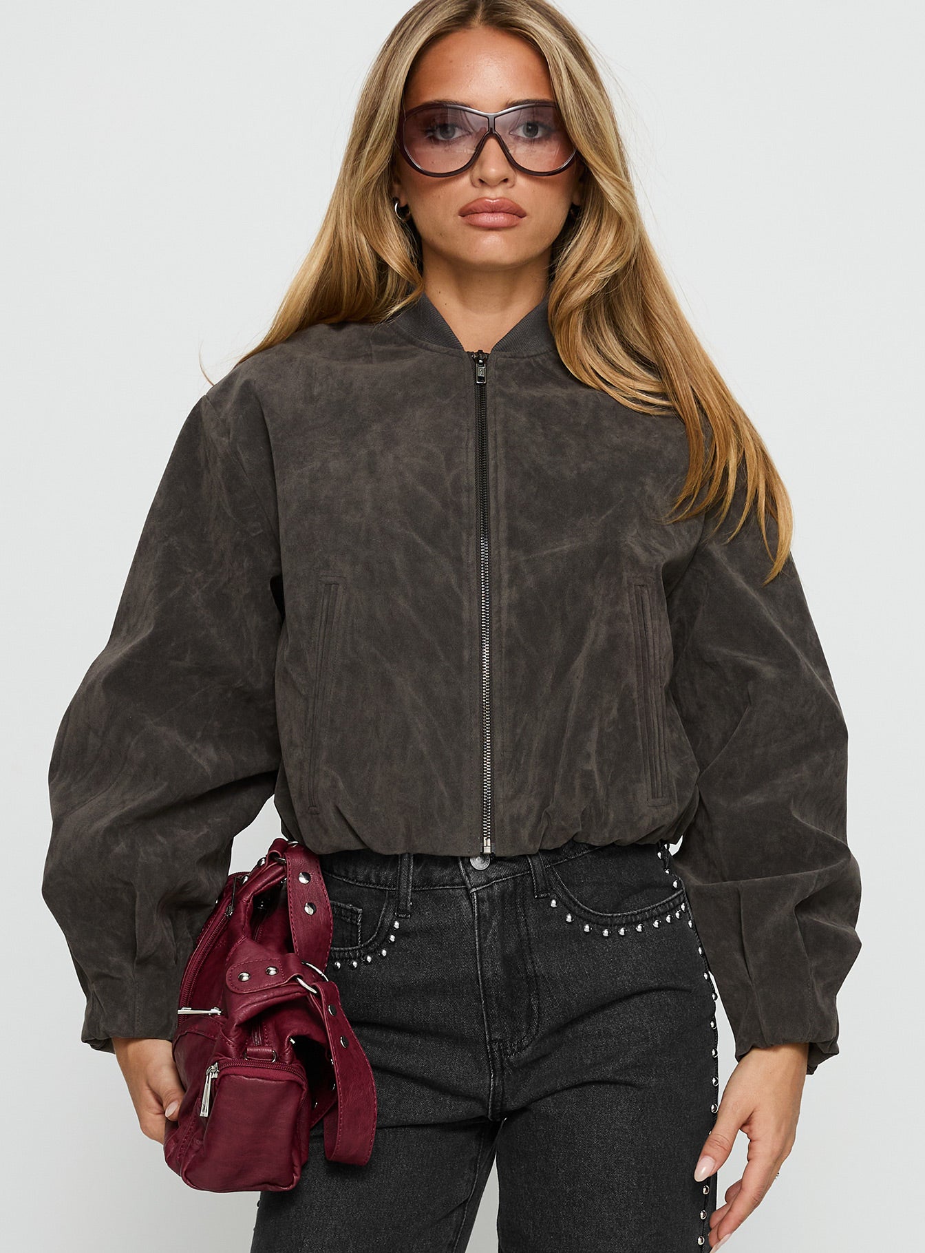 Mastery Faux Suede Bomber Jacket Charcoal-Vipp Girl