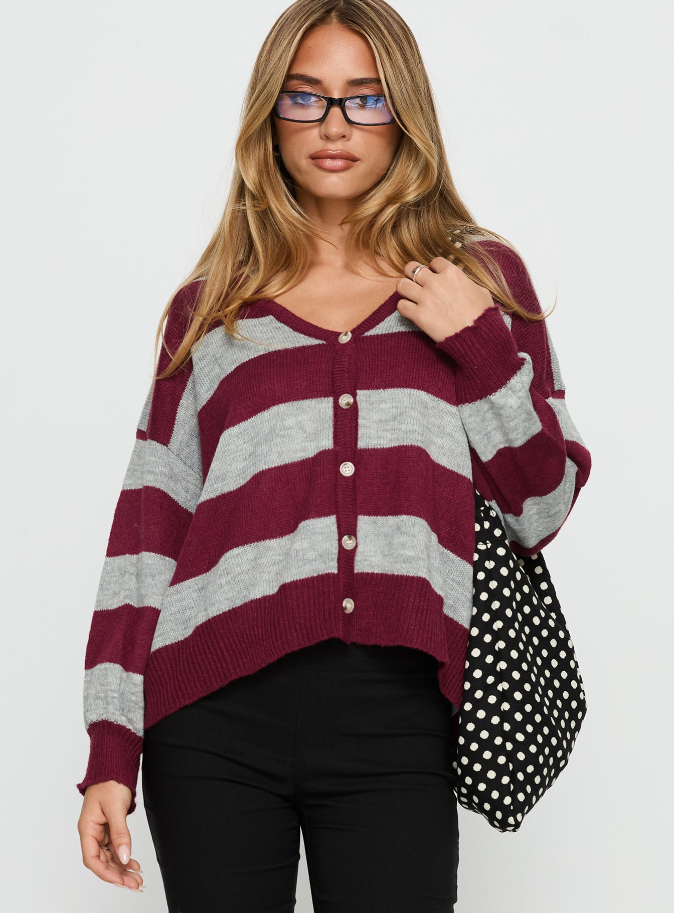 Devvon V Neck Knit Cardigan Red Stripe-Vipp Girl