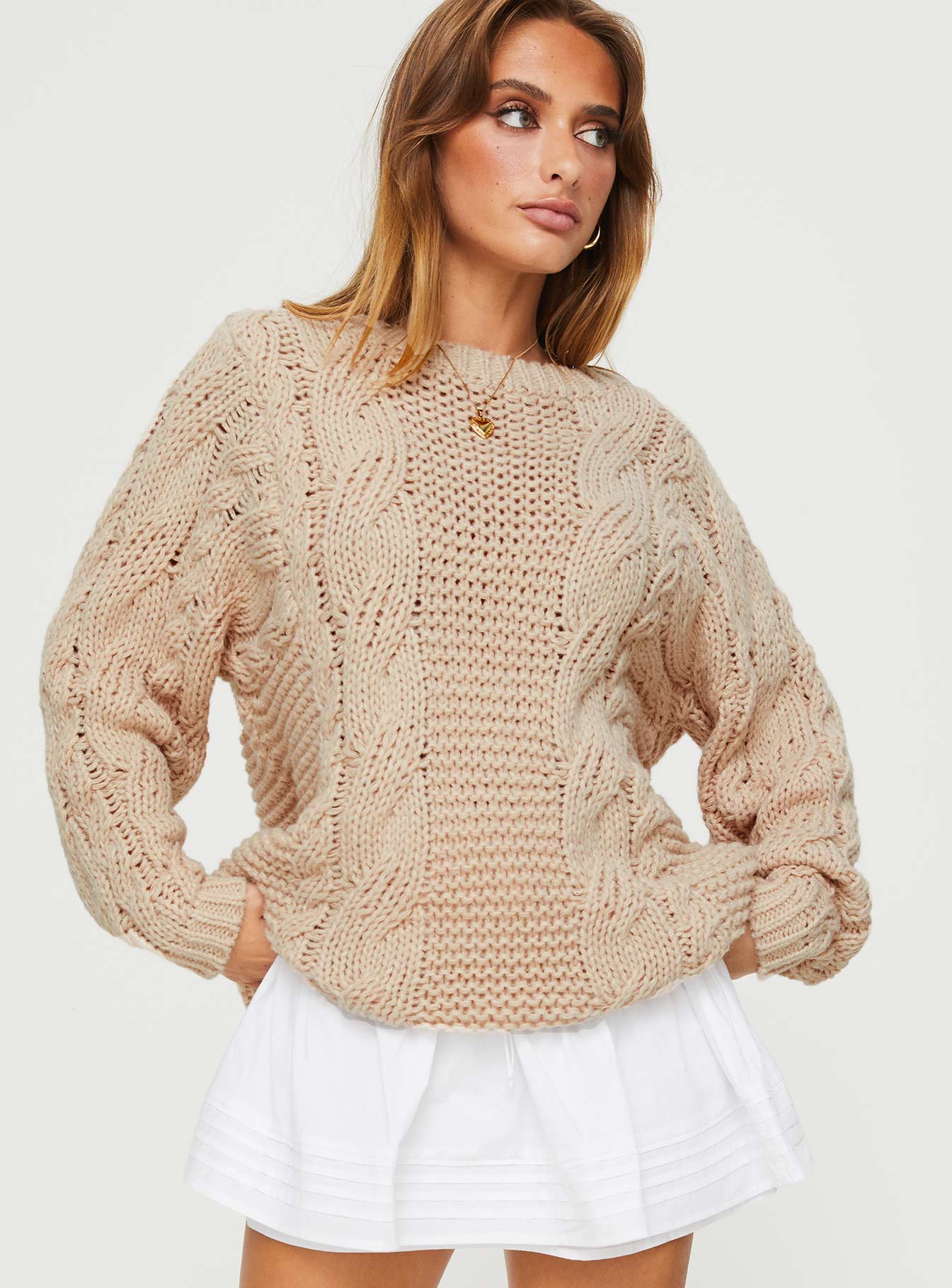 Ellison Cable Knit Sweater Beige-Vipp Girl
