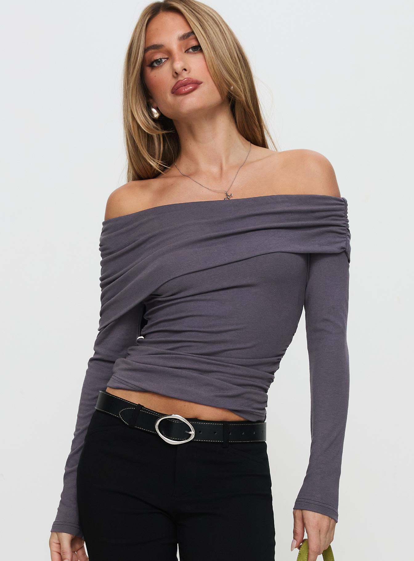 Erving Long Sleeve Off Shoulder Top Slate-Vipp Girl