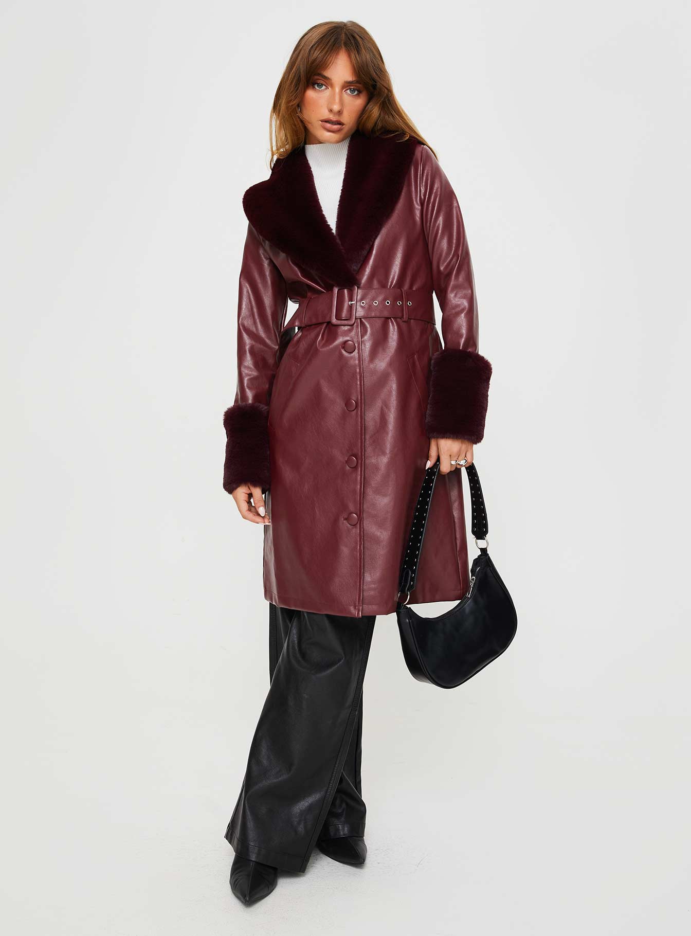 Brooklyn Faux Leather Longline Coat Burgundy-Vipp Girl