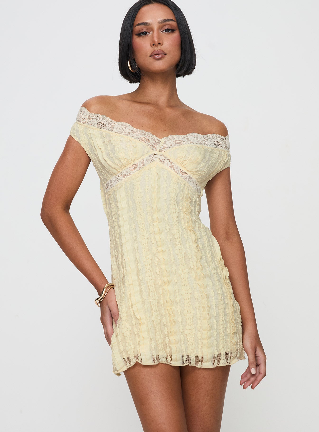Bonnin Off The Shoulder Lace Mini Dress Yellow-Vipp Girl