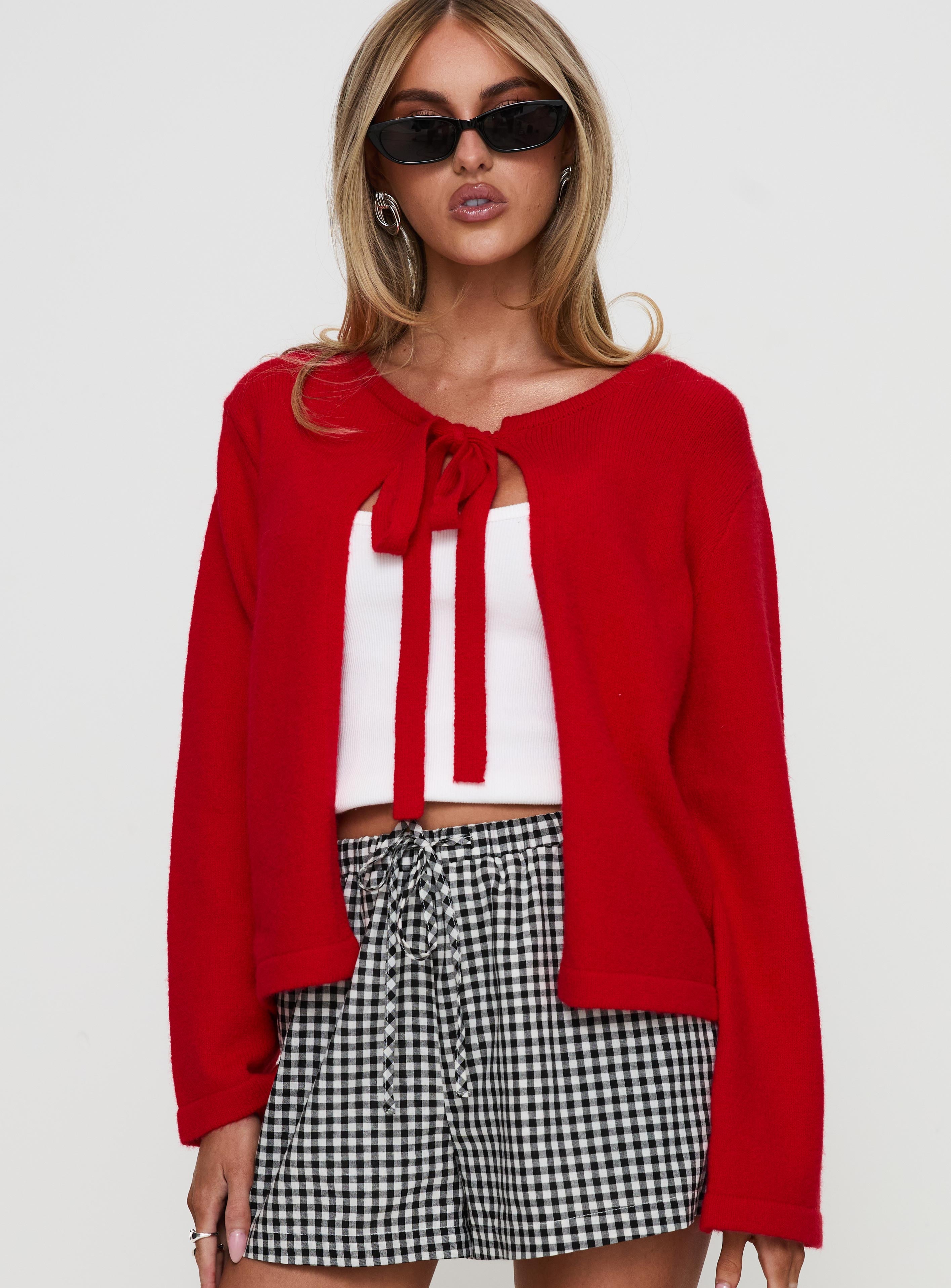 Norine Tie Up Knit Sweater Red-Vipp Girl