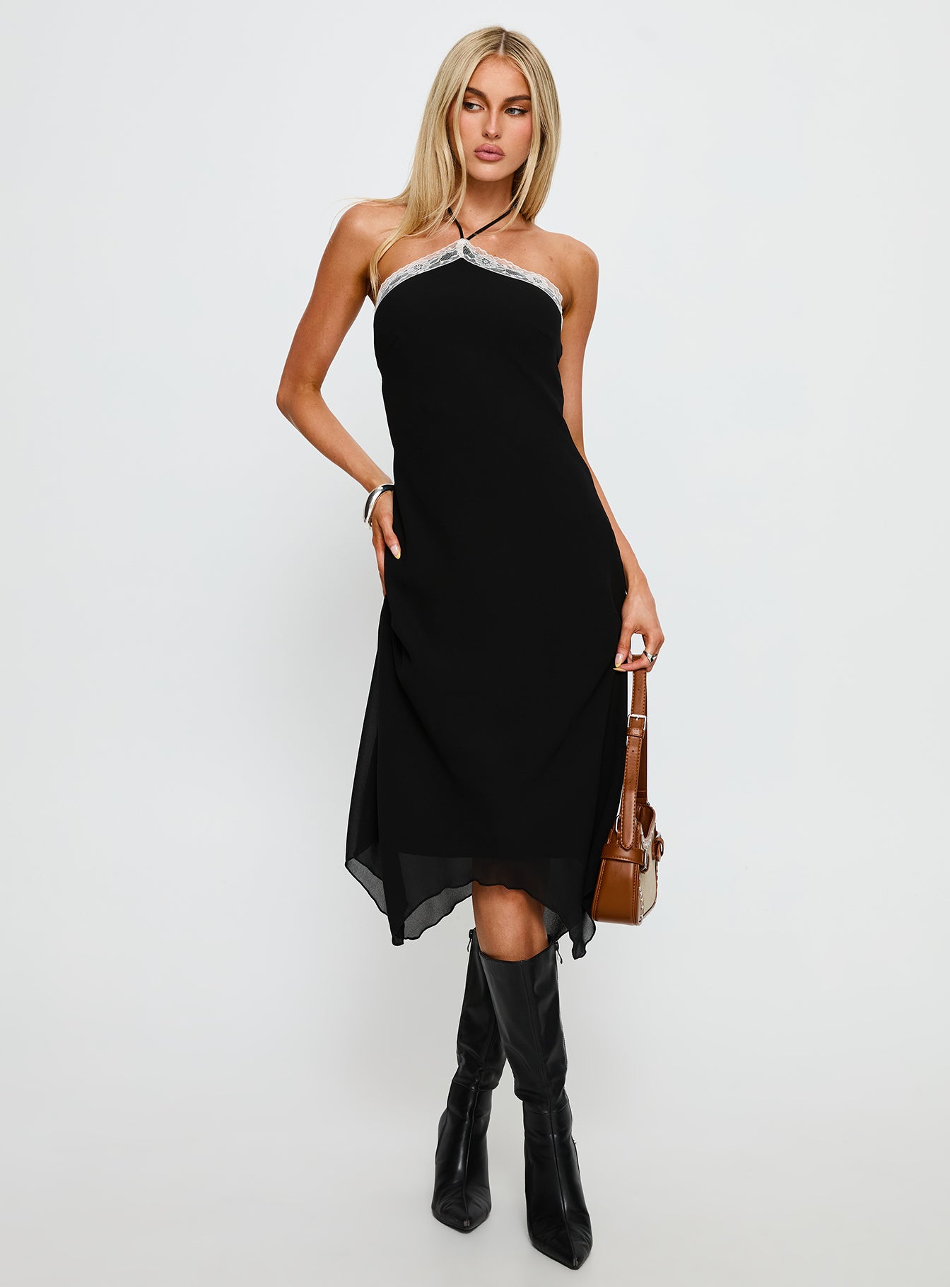 Naila Halter Lace Trim Midi Dress Black-Vipp Girl