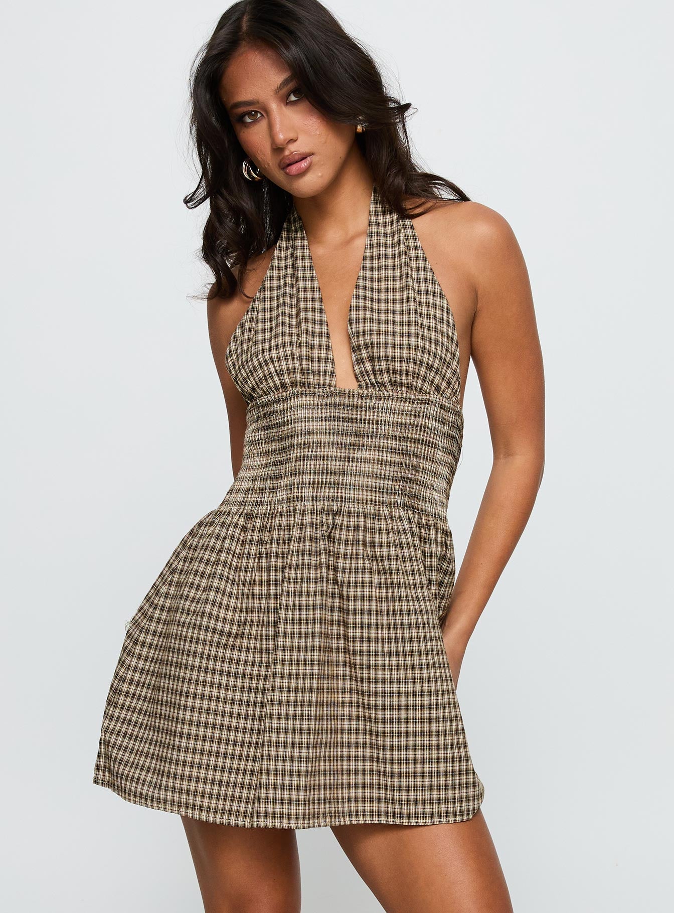 Juanette Halter Mini Dress Brown Check-Vipp Girl